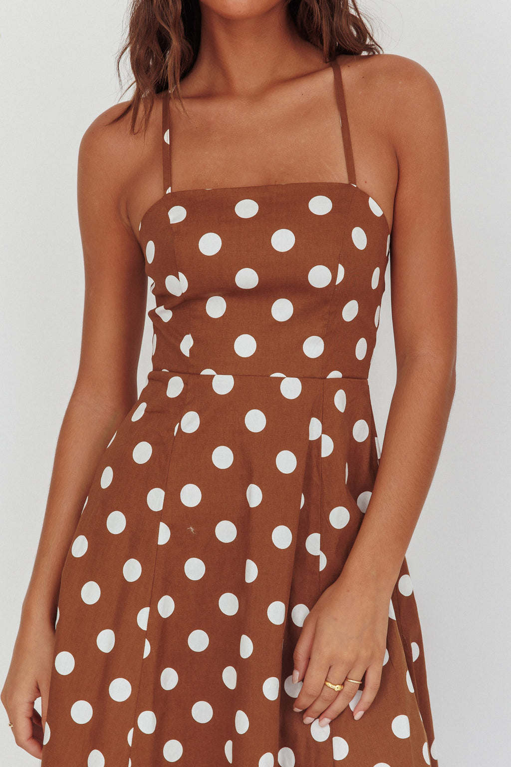 Second Glance Olga Criss-Cross Back Midi Dress Polka Dot Brown by Selfie Leslie Australia