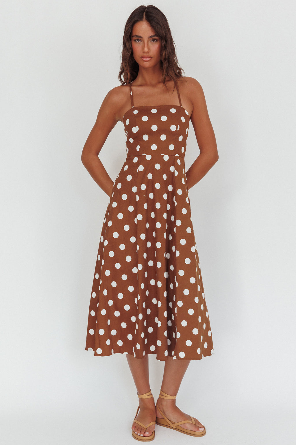 Second Glance Olga Criss-Cross Back Midi Dress Polka Dot Brown by Selfie Leslie Australia