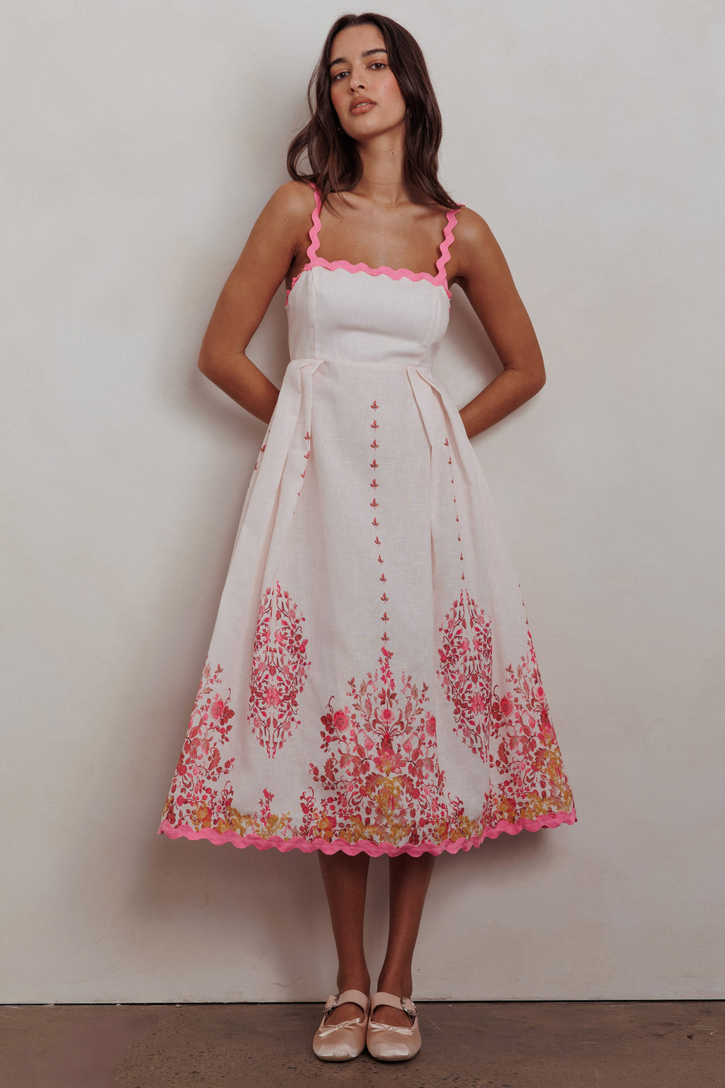 Asami Floral Print Ric Rac Trim Midi Dress Blush by Selfie Leslie Australia