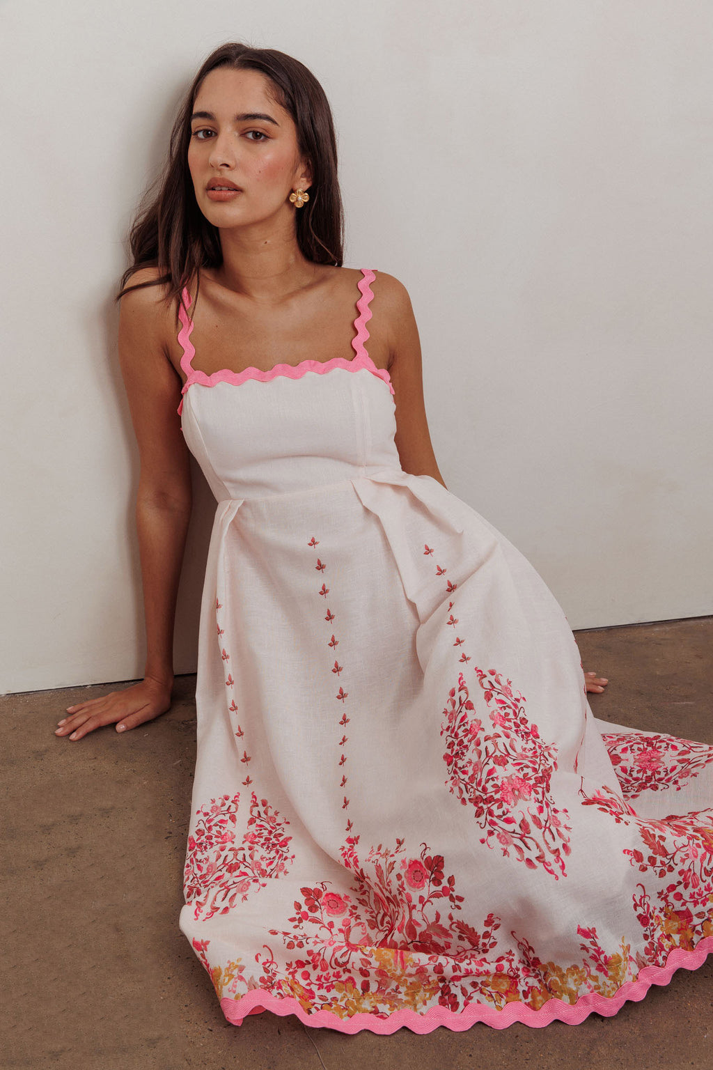 Asami Floral Print Ric Rac Trim Midi Dress Blush by Selfie Leslie Australia