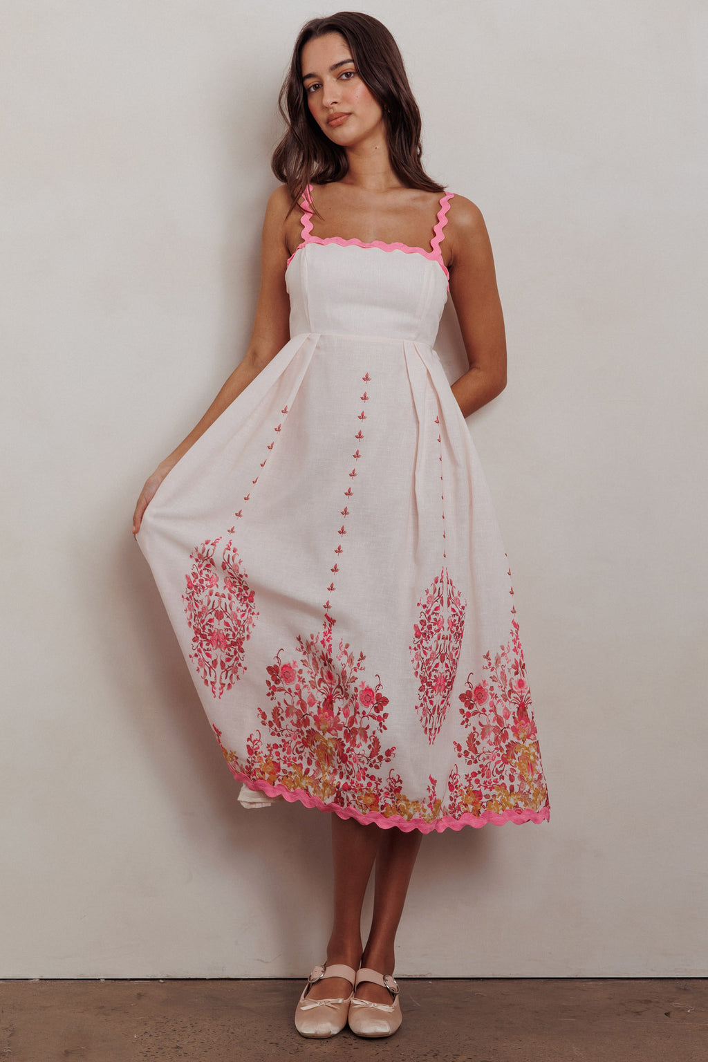 Asami Floral Print Ric Rac Trim Midi Dress Blush by Selfie Leslie Australia