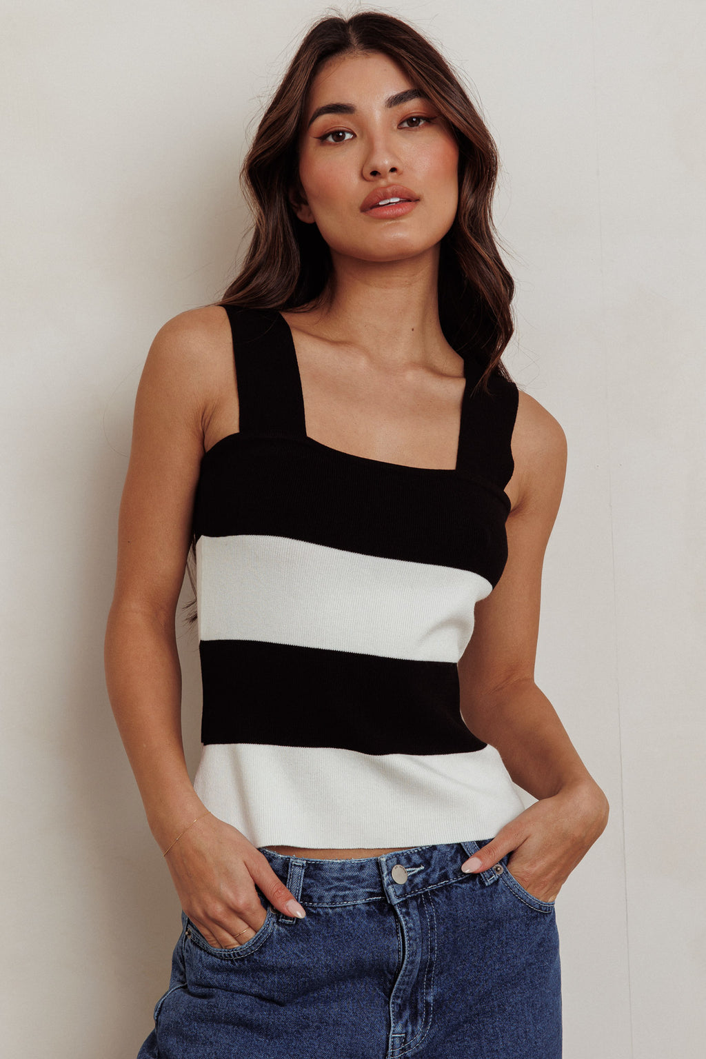 Lisa Striped Knit Tank Top Black White by Selfie Leslie Australia