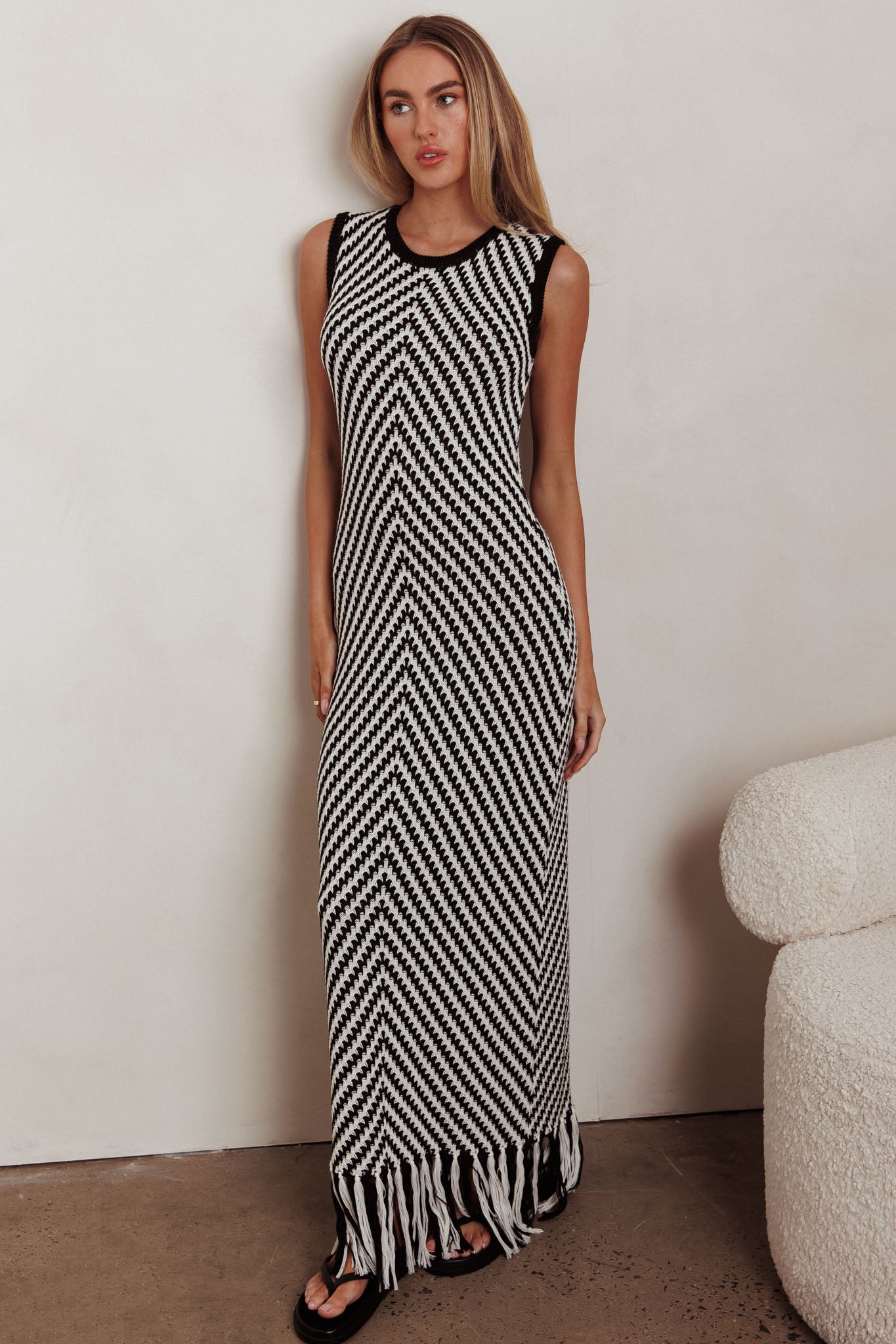 Same Place Fringed Knit Maxi Dress Black by Selfie Leslie Australia