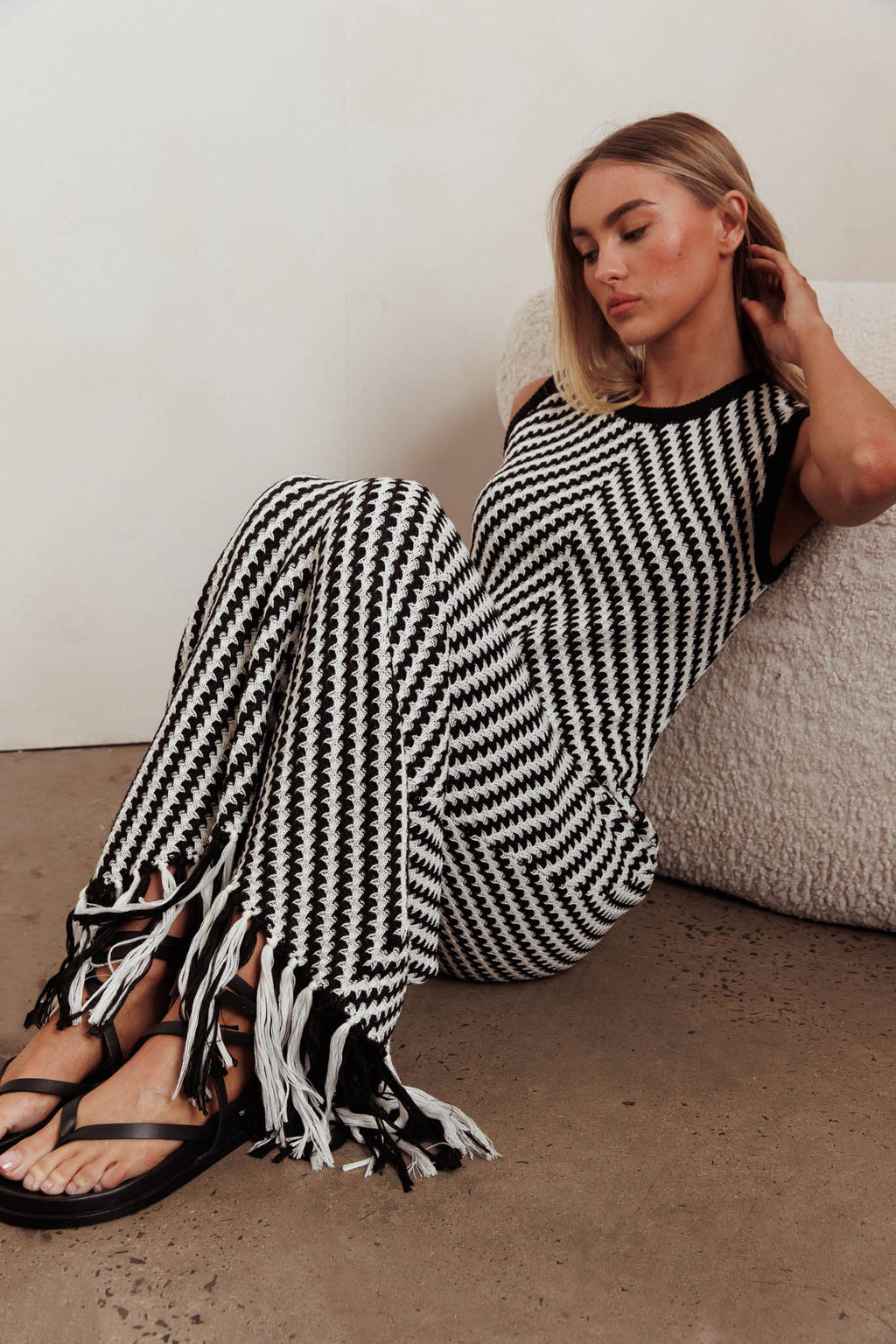 Same Place Fringed Knit Maxi Dress Black by Selfie Leslie Australia