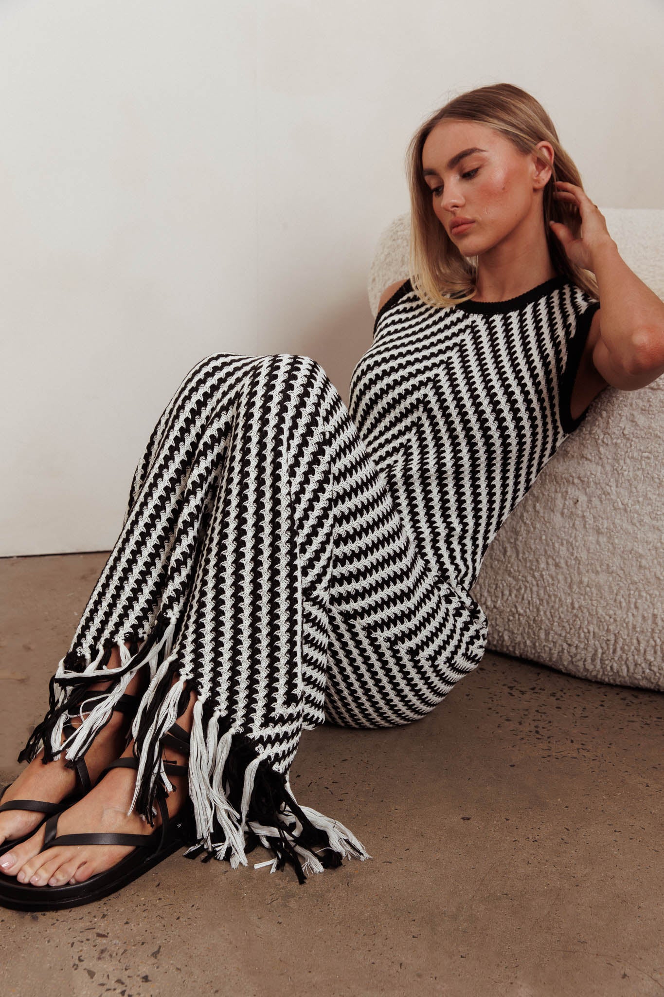 Same Place Fringed Knit Maxi Dress Black by Selfie Leslie Australia