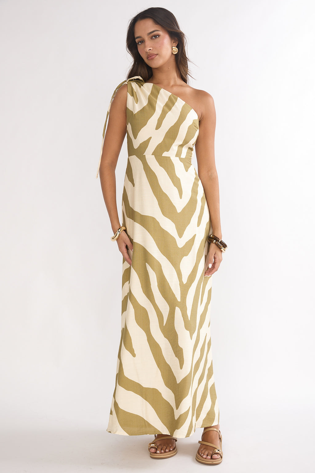 Tavina One-Shoulder Maxi Dress Zebra Khaki by Selfie Leslie Australia
