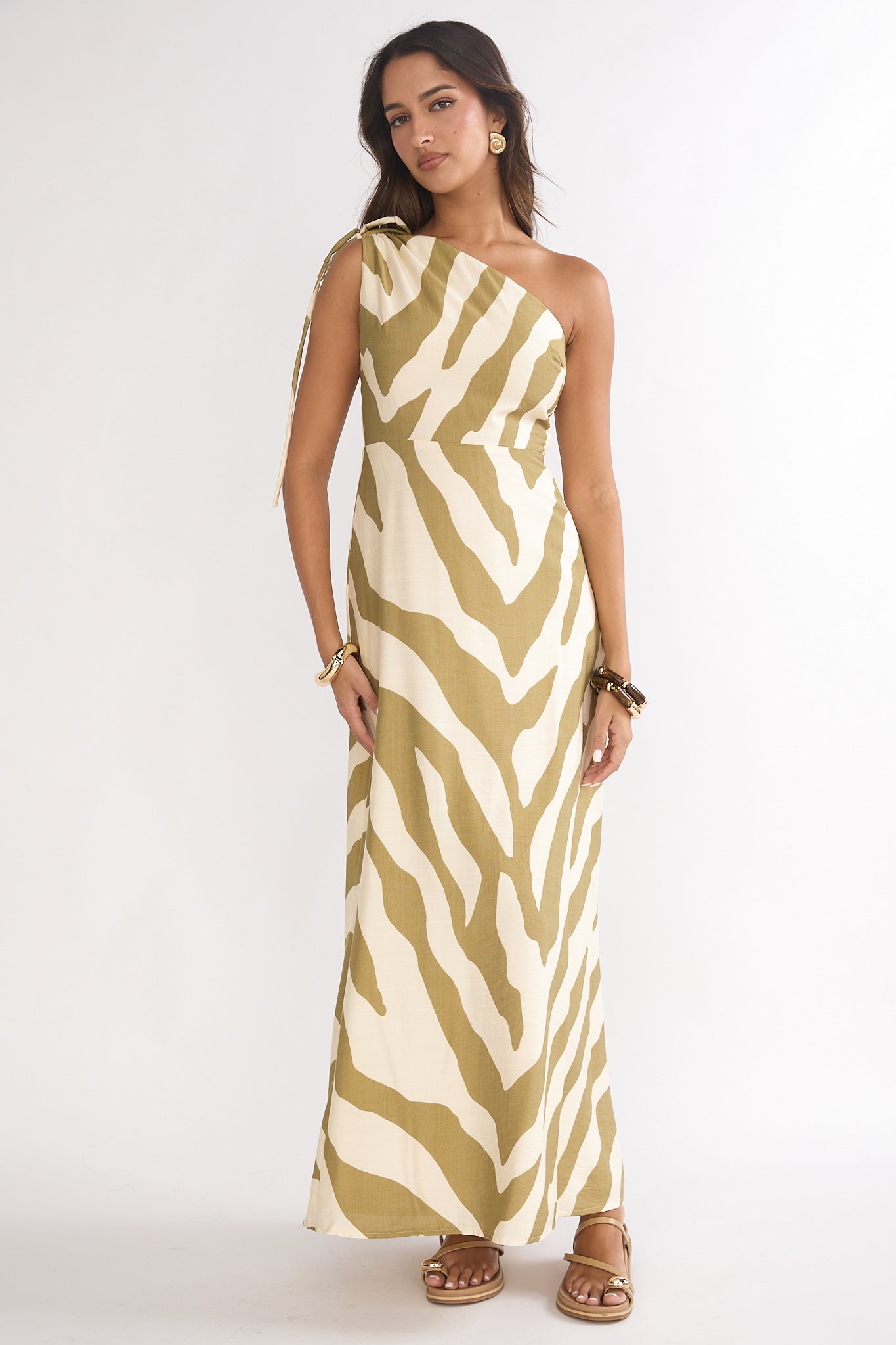 Tavina One-Shoulder Maxi Dress Zebra Khaki by Selfie Leslie Australia
