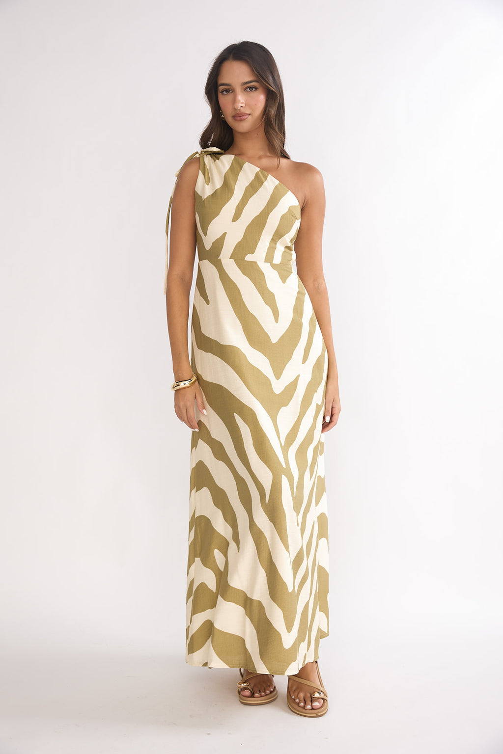 Tavina One-Shoulder Maxi Dress Zebra Khaki by Selfie Leslie Australia