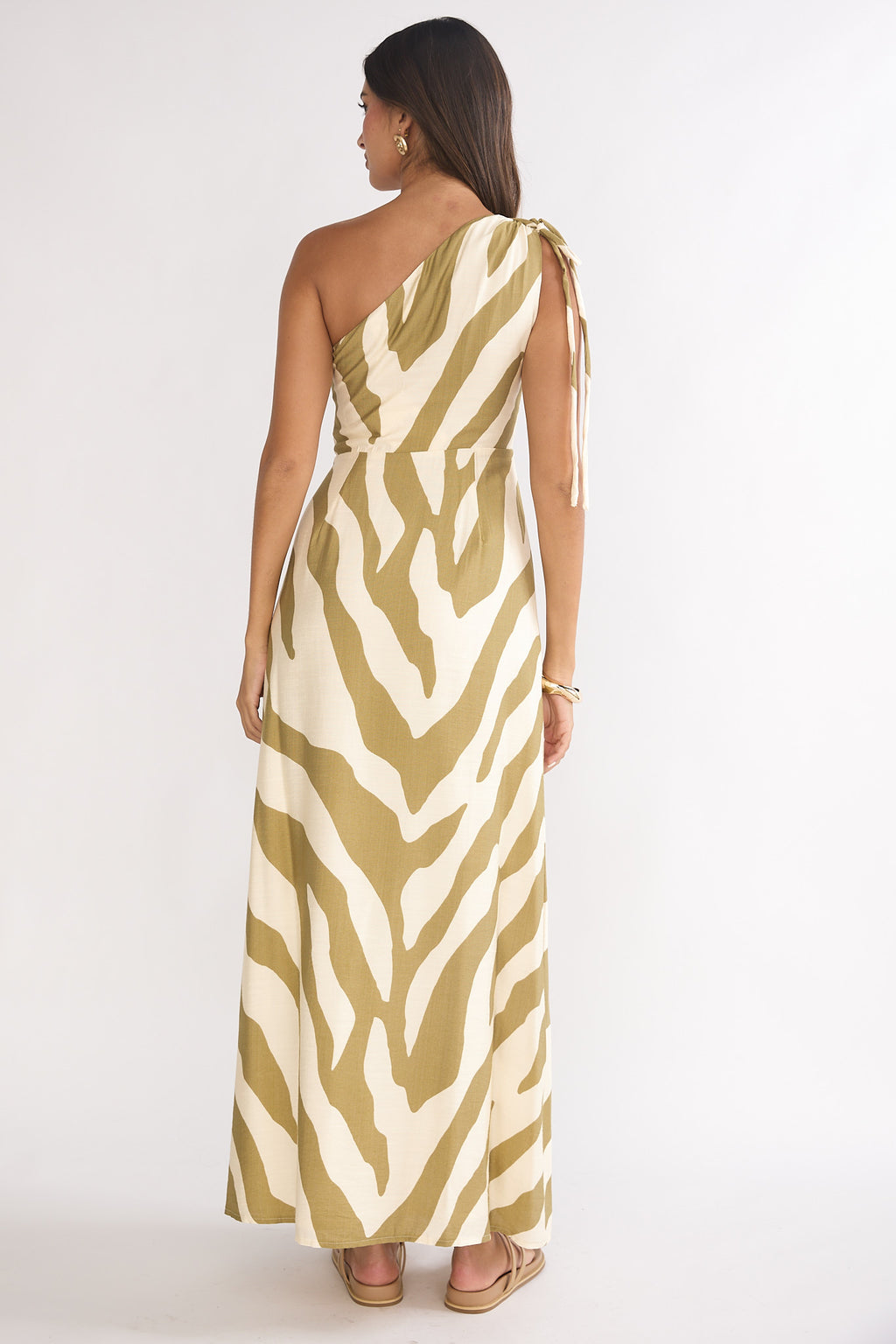 Tavina One-Shoulder Maxi Dress Zebra Khaki by Selfie Leslie Australia