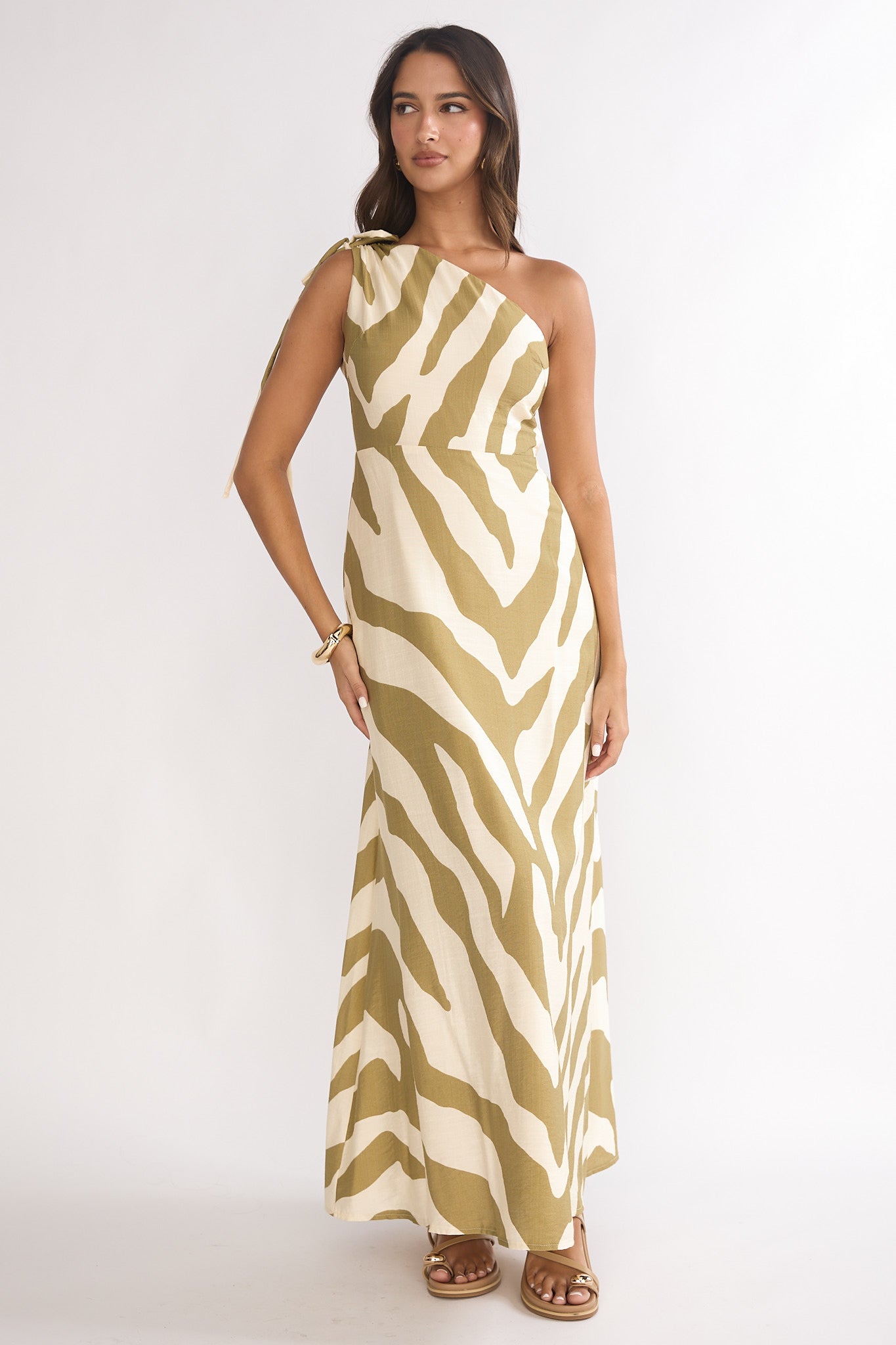 Tavina One-Shoulder Maxi Dress Zebra Khaki by Selfie Leslie Australia