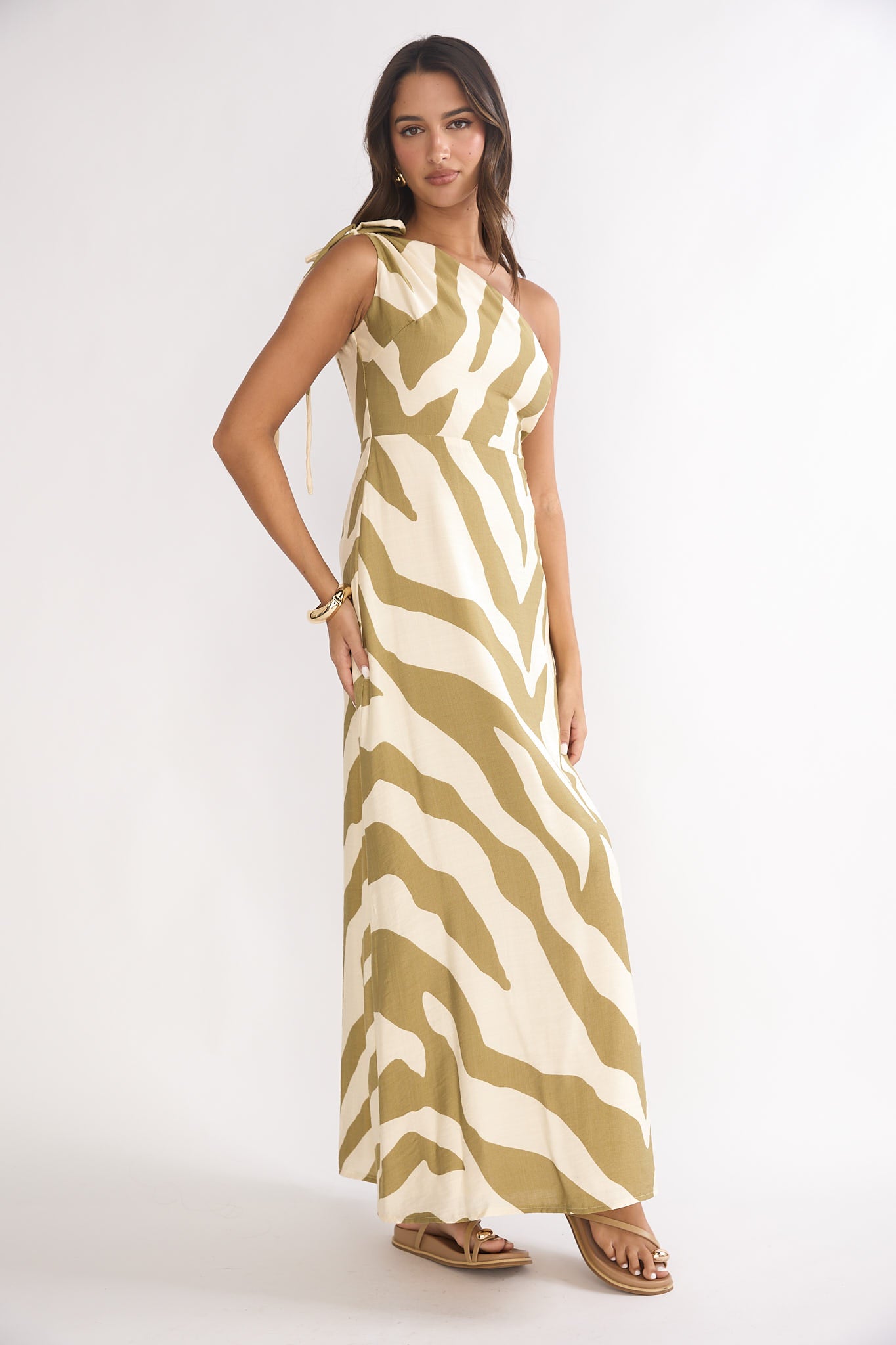 Tavina One-Shoulder Maxi Dress Zebra Khaki by Selfie Leslie Australia