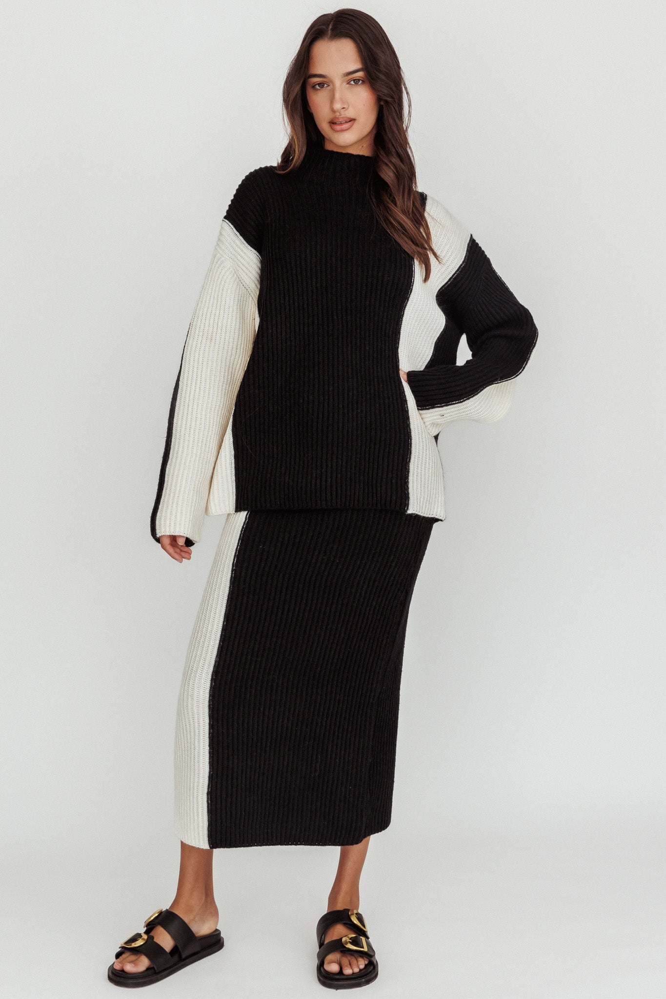 Eos Ribbed Knit Midi Skirt Black Cream by Selfie Leslie Australia
