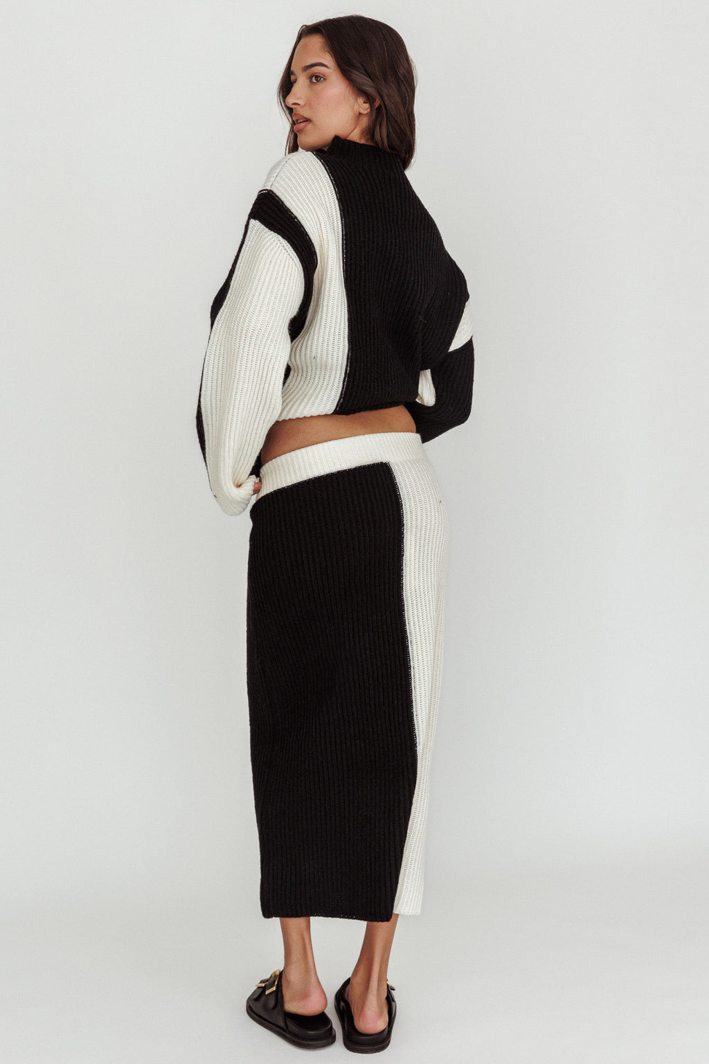Eos Ribbed Knit Midi Skirt Black Cream by Selfie Leslie Australia