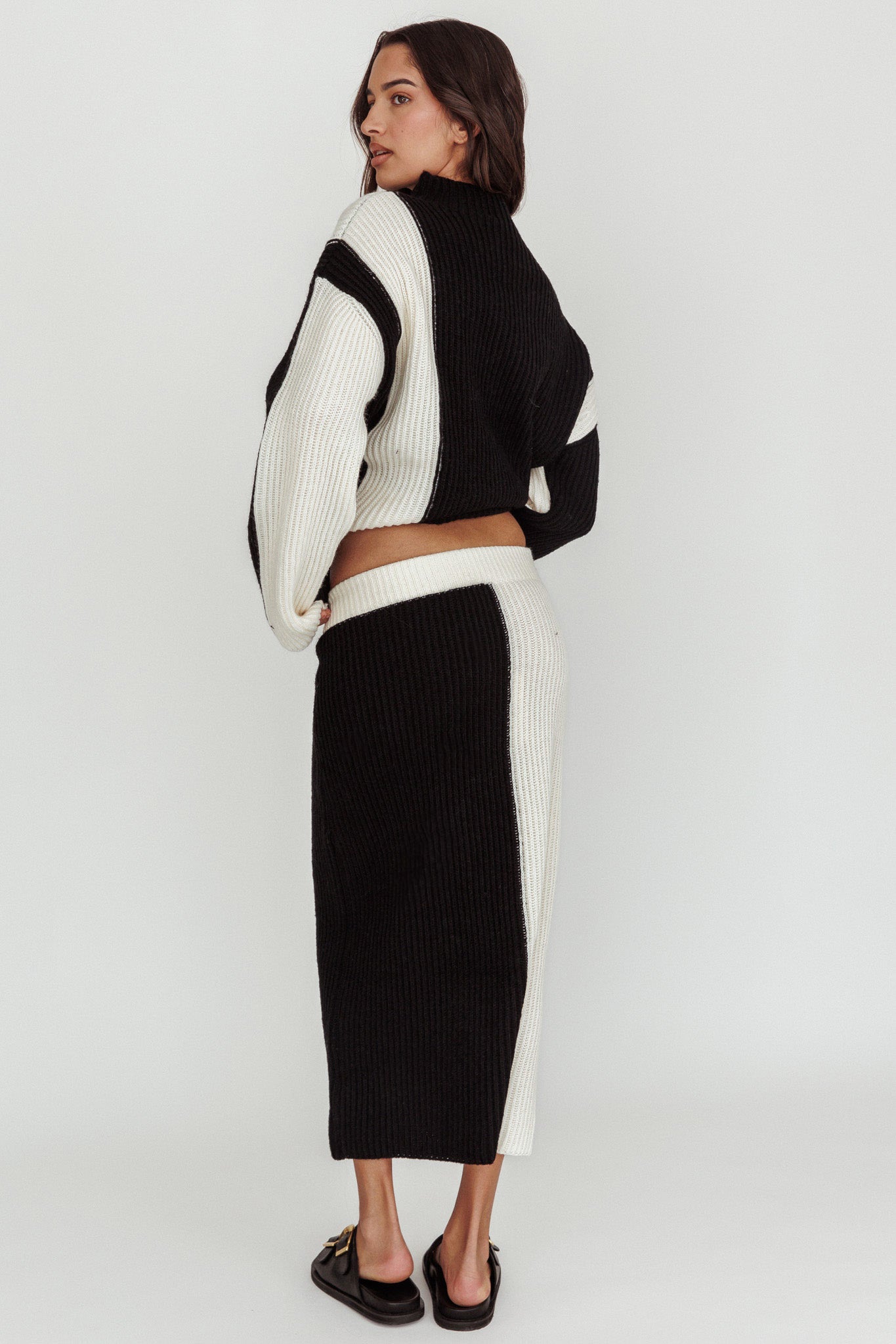 Eos Ribbed Knit Midi Skirt Black Cream by Selfie Leslie Australia