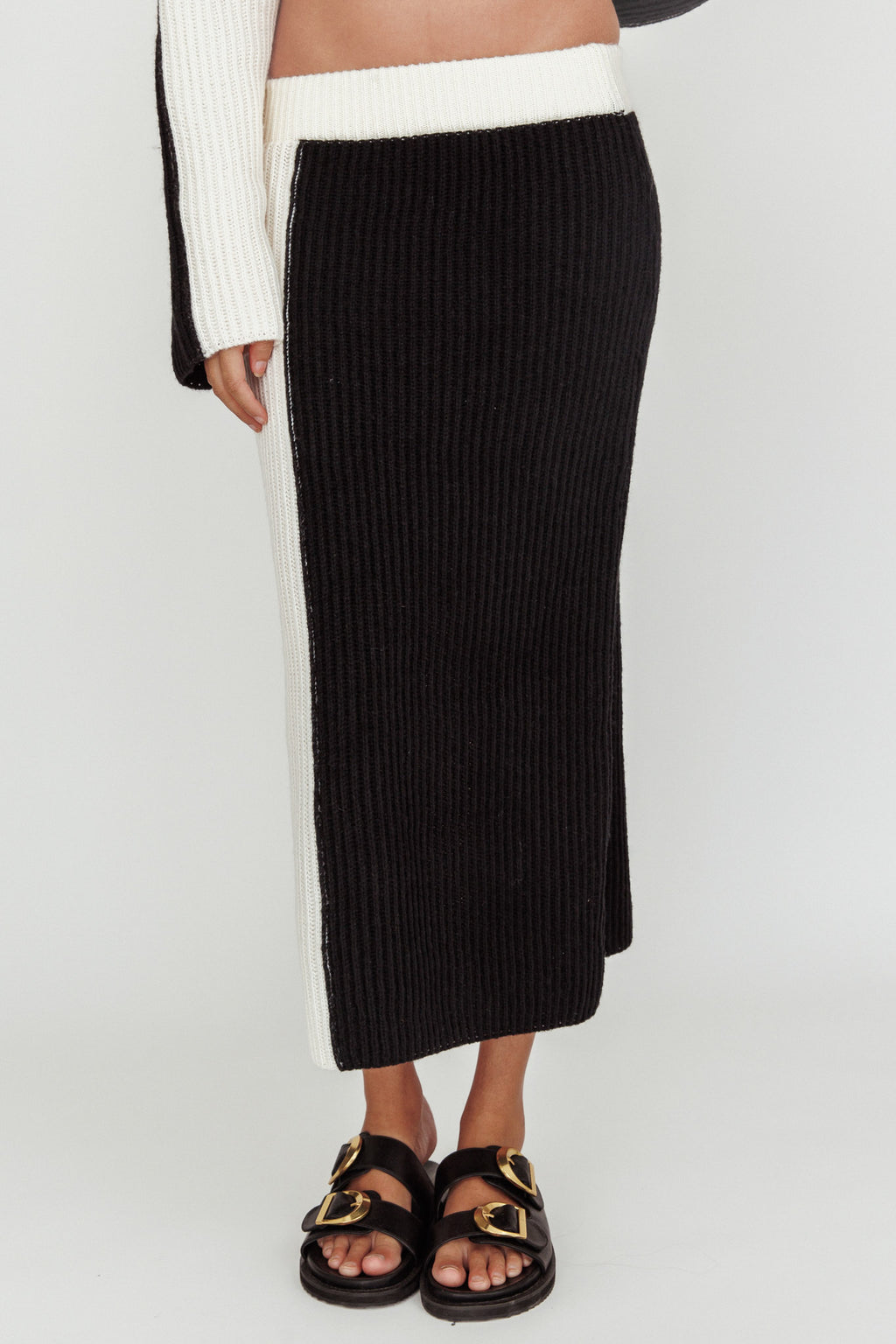 Eos Ribbed Knit Midi Skirt Black Cream by Selfie Leslie Australia