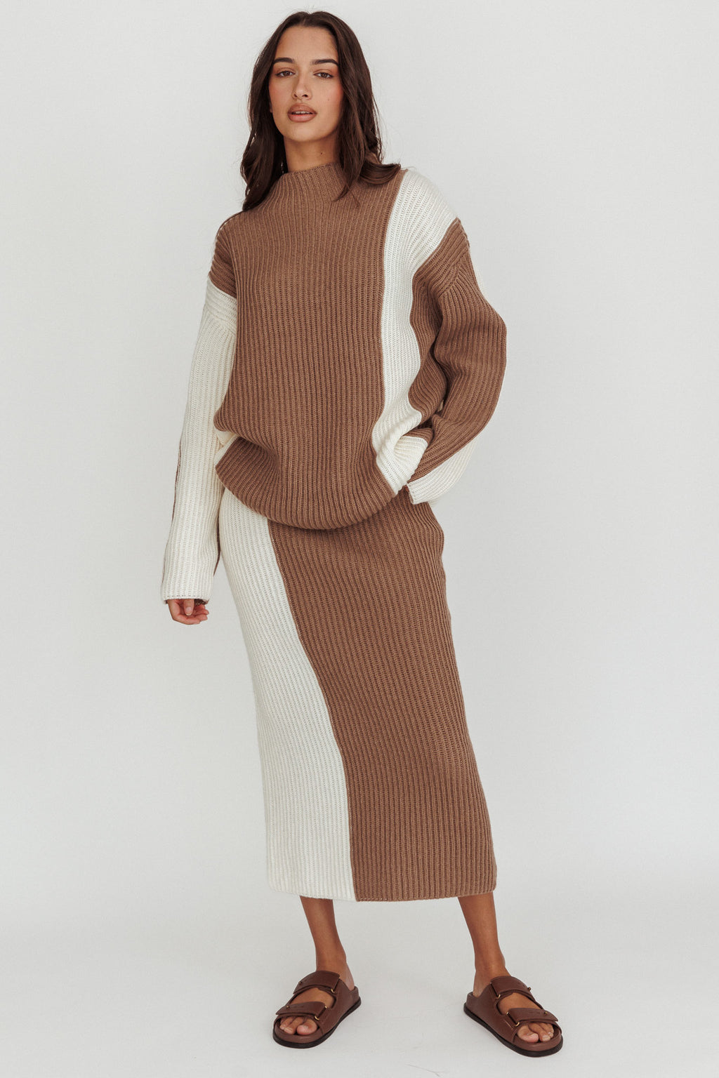 Eos Ribbed Knit Midi Skirt Mocha Cream by Selfie Leslie Australia