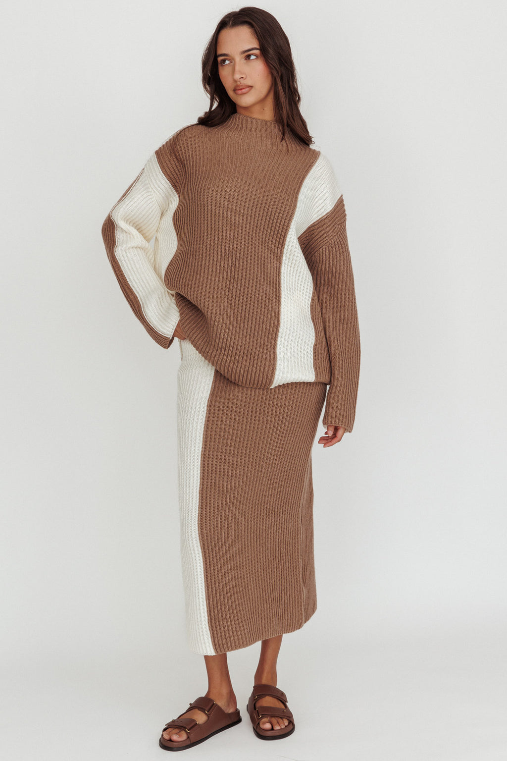 Eos Ribbed Knit Midi Skirt Mocha Cream by Selfie Leslie Australia