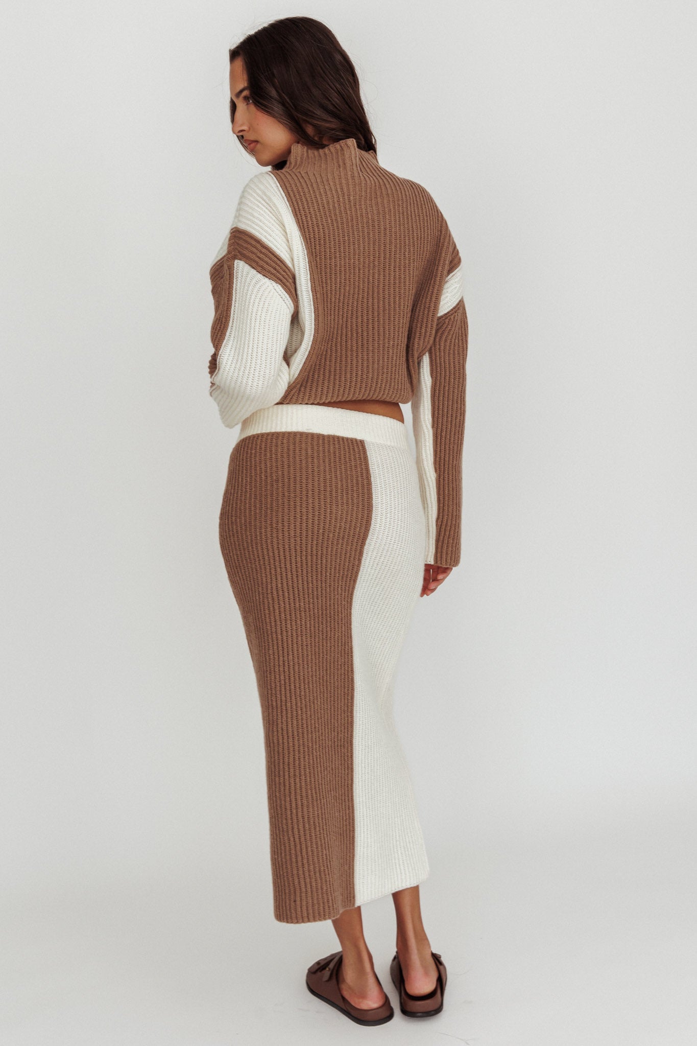 Eos Ribbed Knit Midi Skirt Mocha Cream by Selfie Leslie Australia