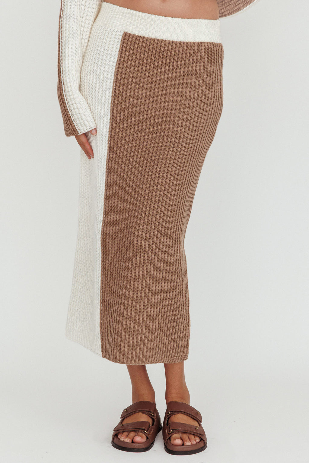 Eos Ribbed Knit Midi Skirt Mocha Cream by Selfie Leslie Australia