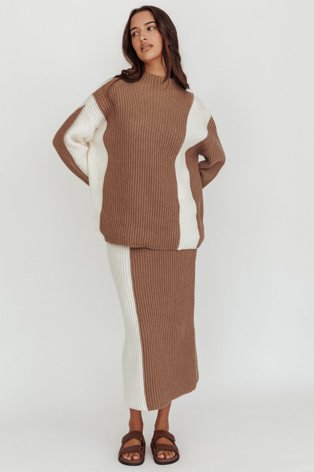 Eos Ribbed Knit Midi Skirt Mocha Cream by Selfie Leslie Australia