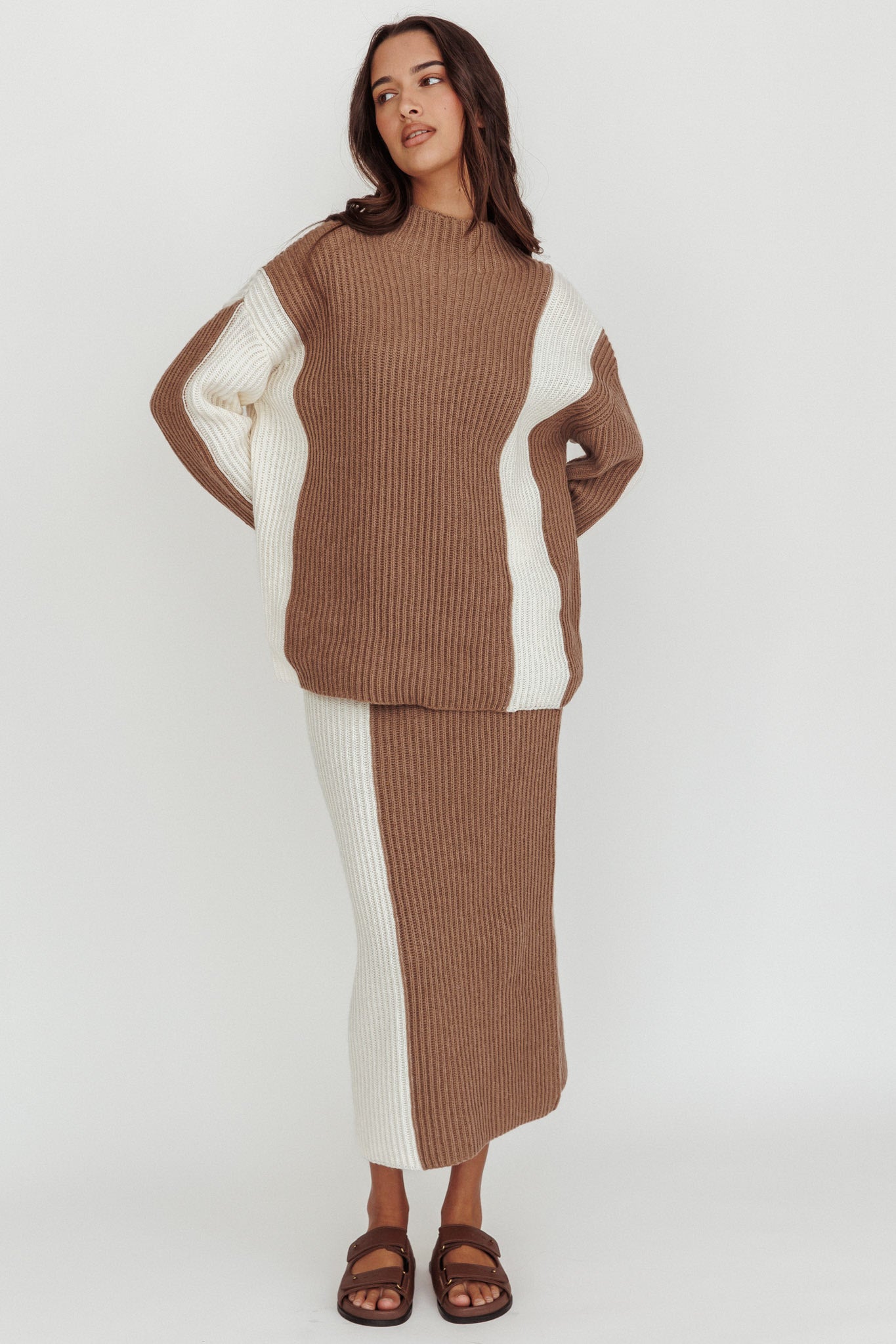 Eos Ribbed Knit Midi Skirt Mocha Cream by Selfie Leslie Australia