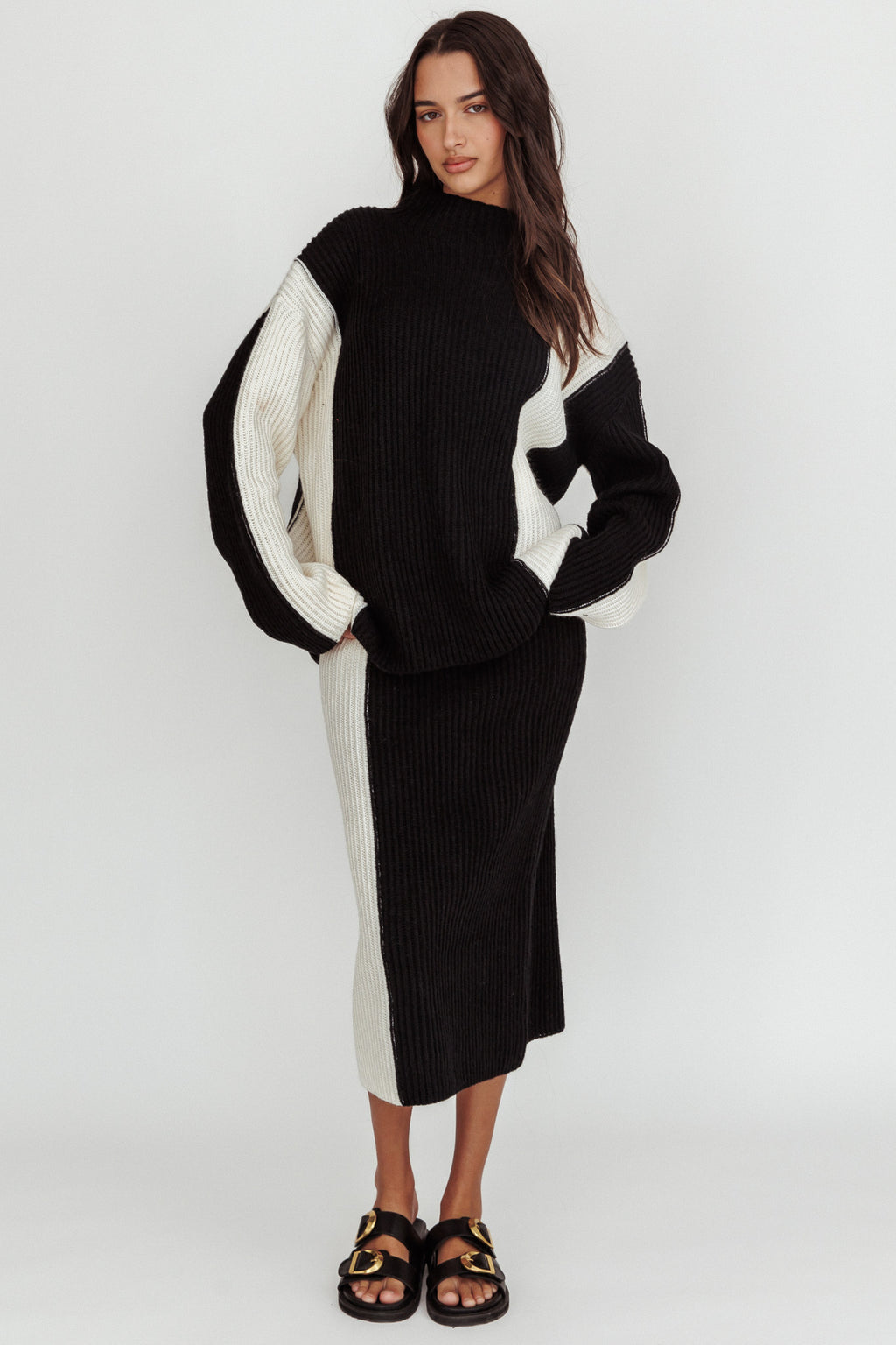 Eos Ribbed Mock Neck Knit Jumper Black Cream by Selfie Leslie Australia