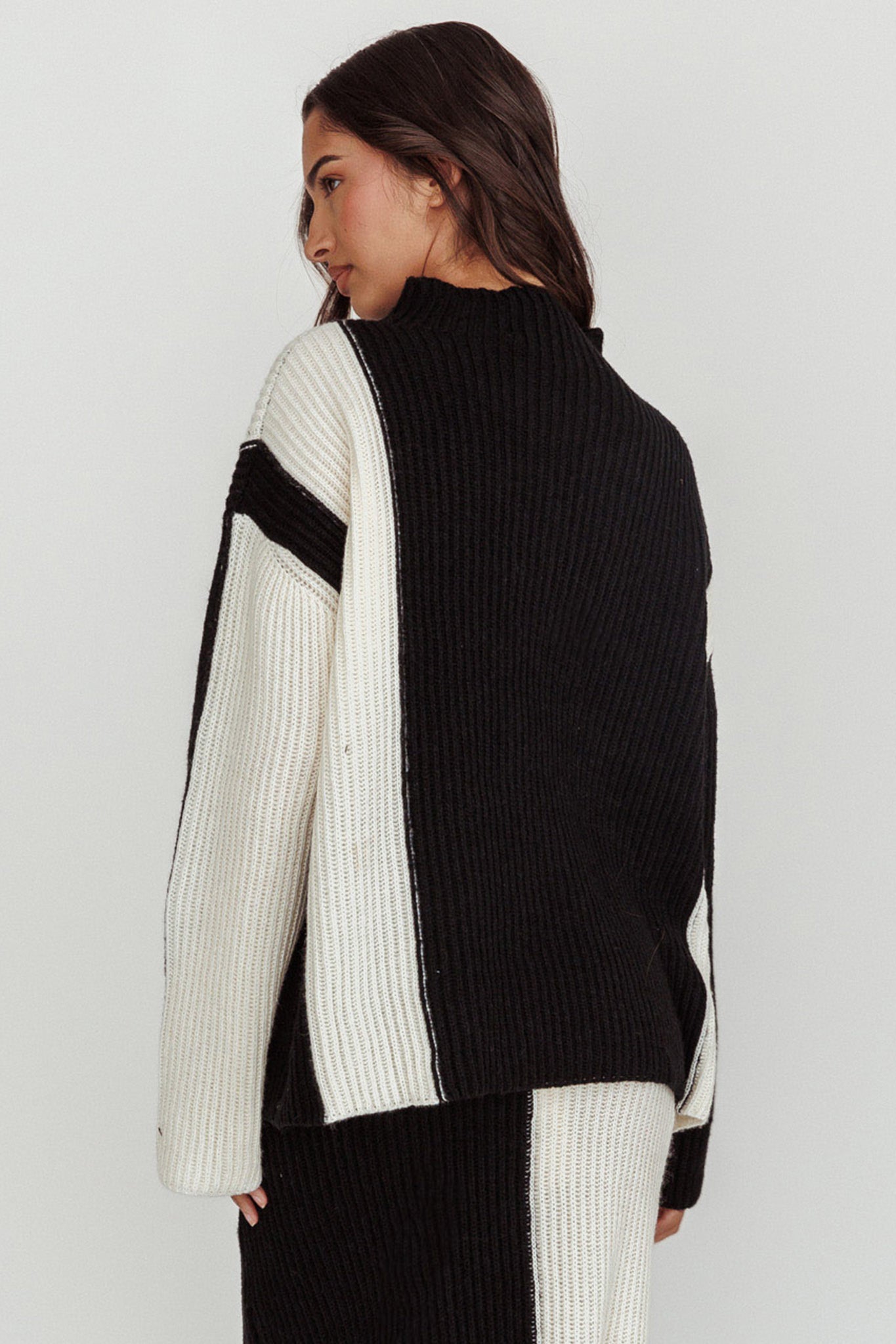 Eos Ribbed Mock Neck Knit Jumper Black Cream by Selfie Leslie Australia
