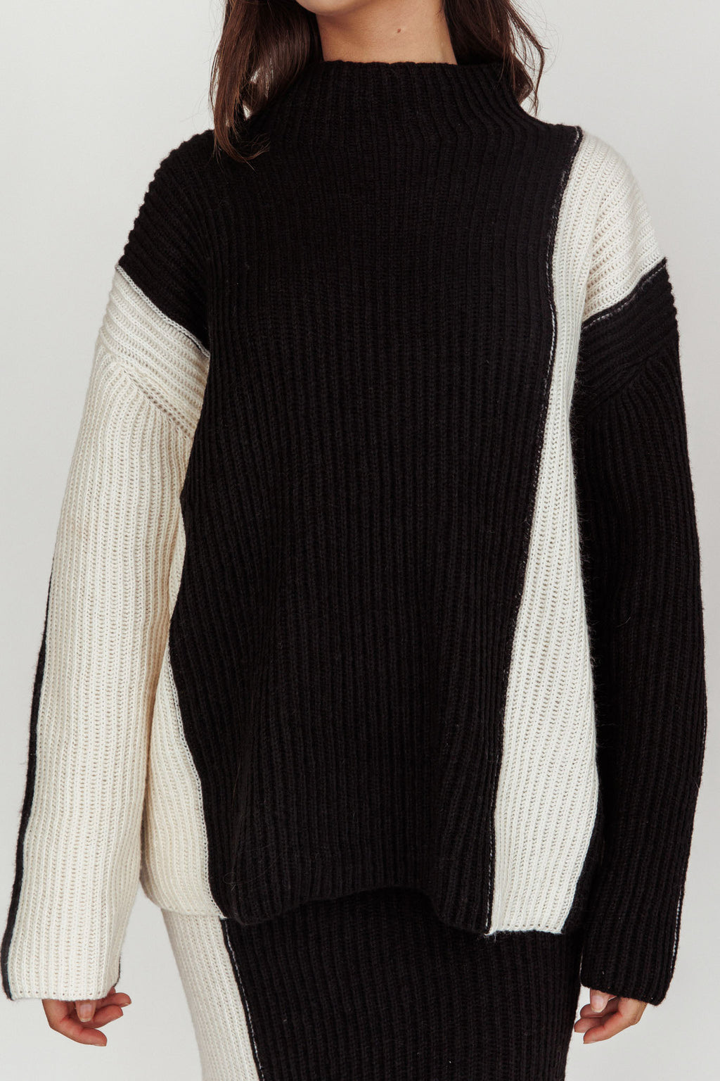 Eos Ribbed Mock Neck Knit Jumper Black Cream by Selfie Leslie Australia