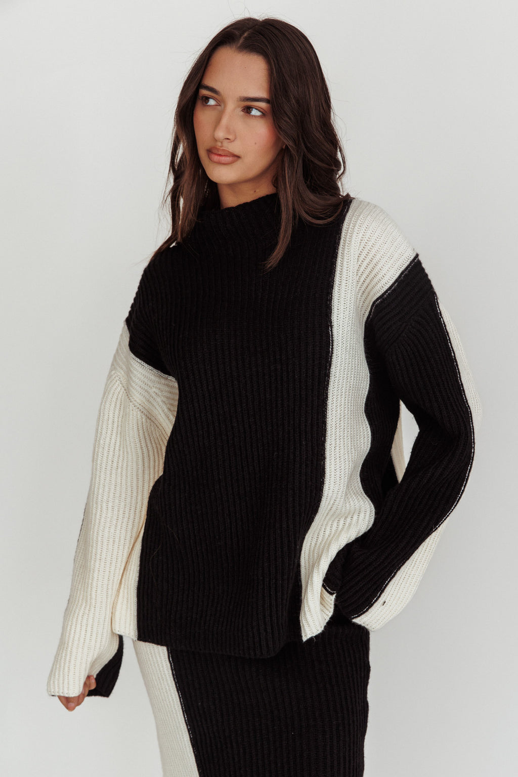 Eos Ribbed Mock Neck Knit Jumper Black Cream by Selfie Leslie Australia