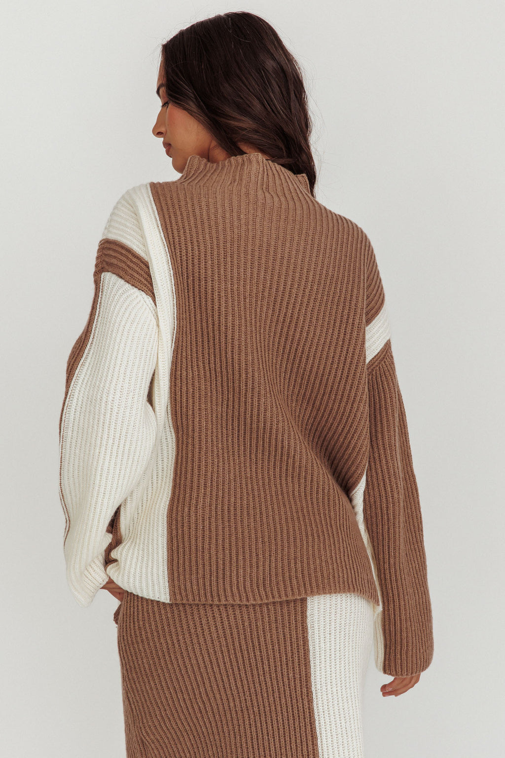 Eos Ribbed Mock Neck Knit Jumper Mocha Cream by Selfie Leslie Australia
