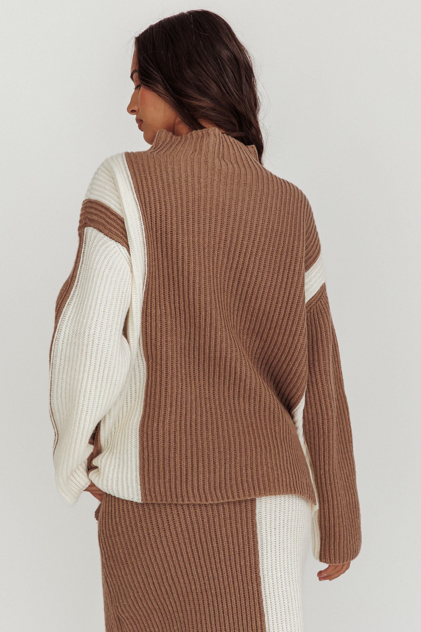 Eos Ribbed Mock Neck Knit Jumper Mocha Cream by Selfie Leslie Australia
