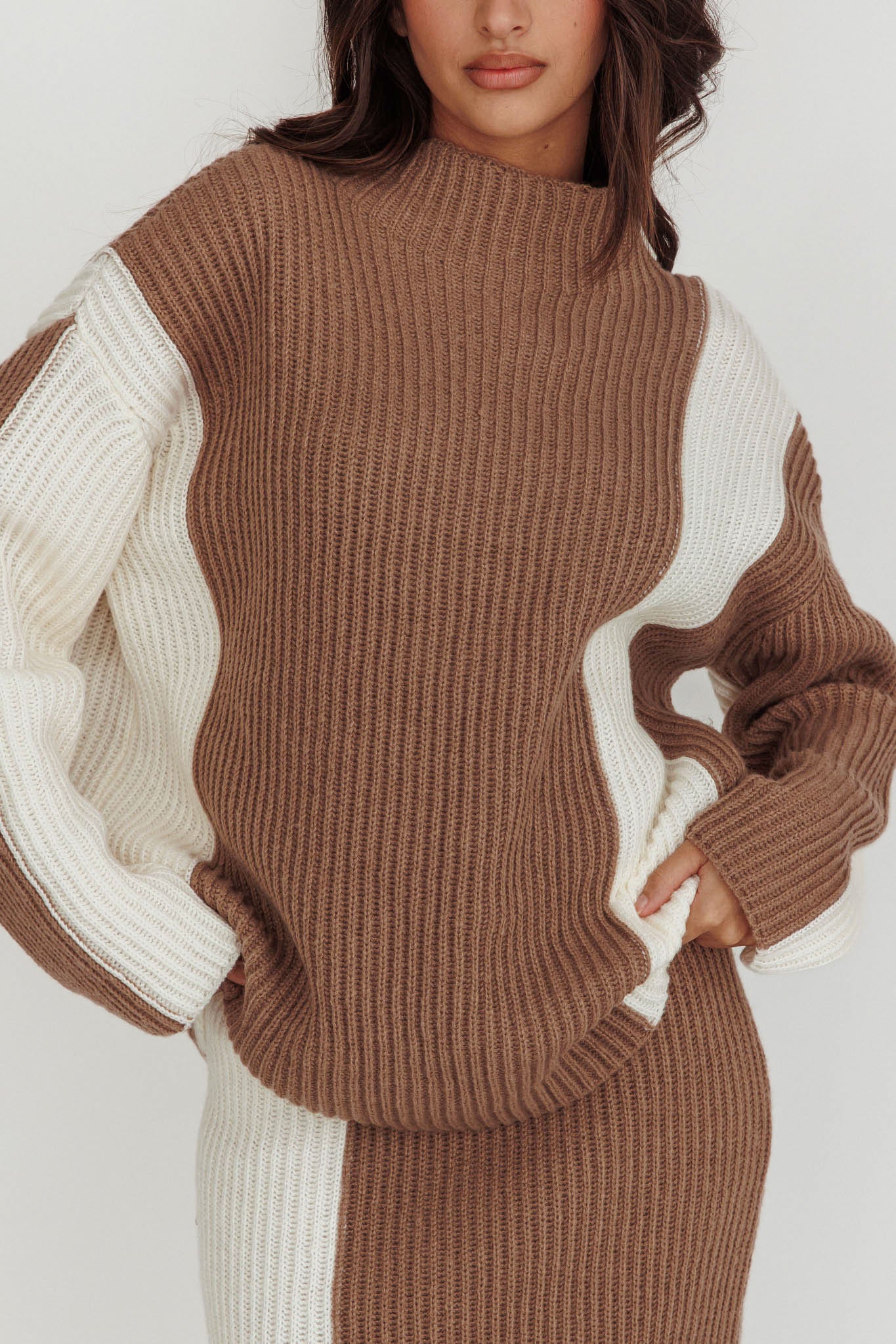 Eos Ribbed Mock Neck Knit Jumper Mocha Cream by Selfie Leslie Australia