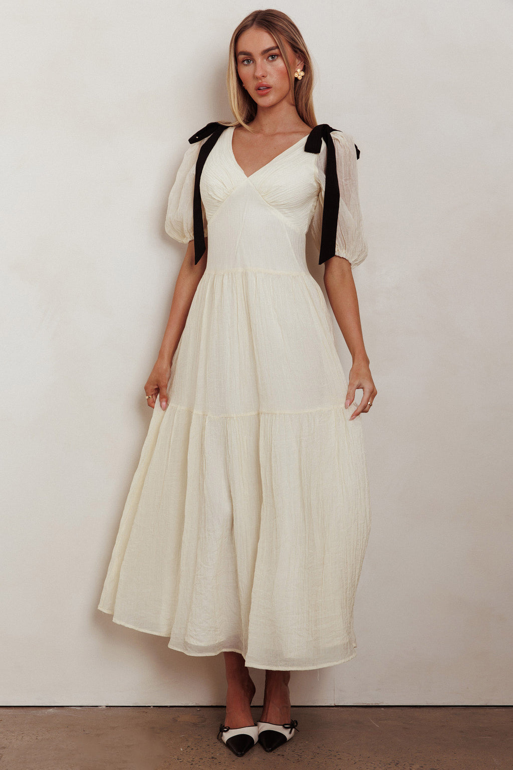 Sinta Bow Shoulder Puff Sleeve Maxi Dress Cream by Selfie Leslie Australia