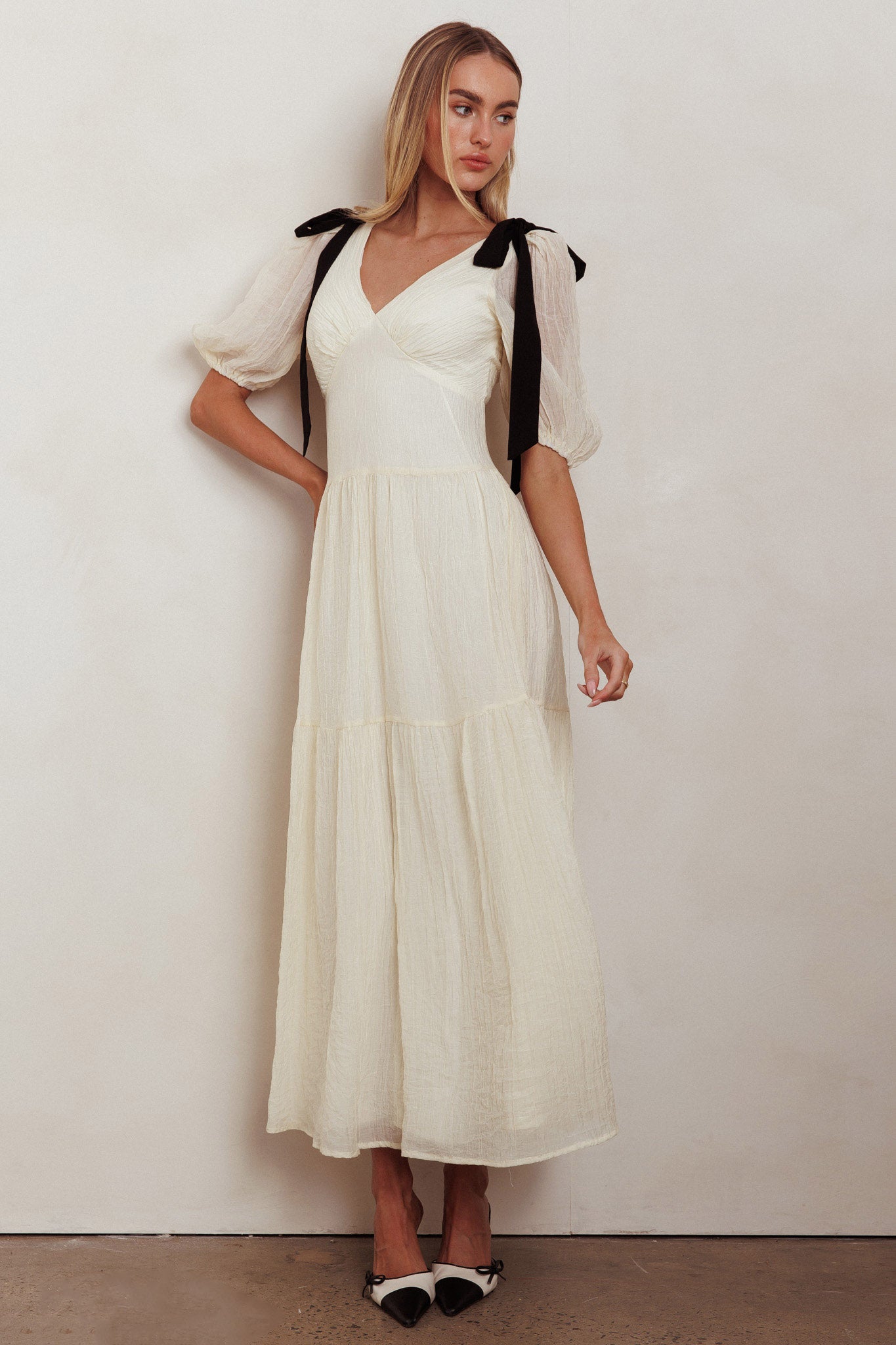 Sinta Bow Shoulder Puff Sleeve Maxi Dress Cream by Selfie Leslie Australia