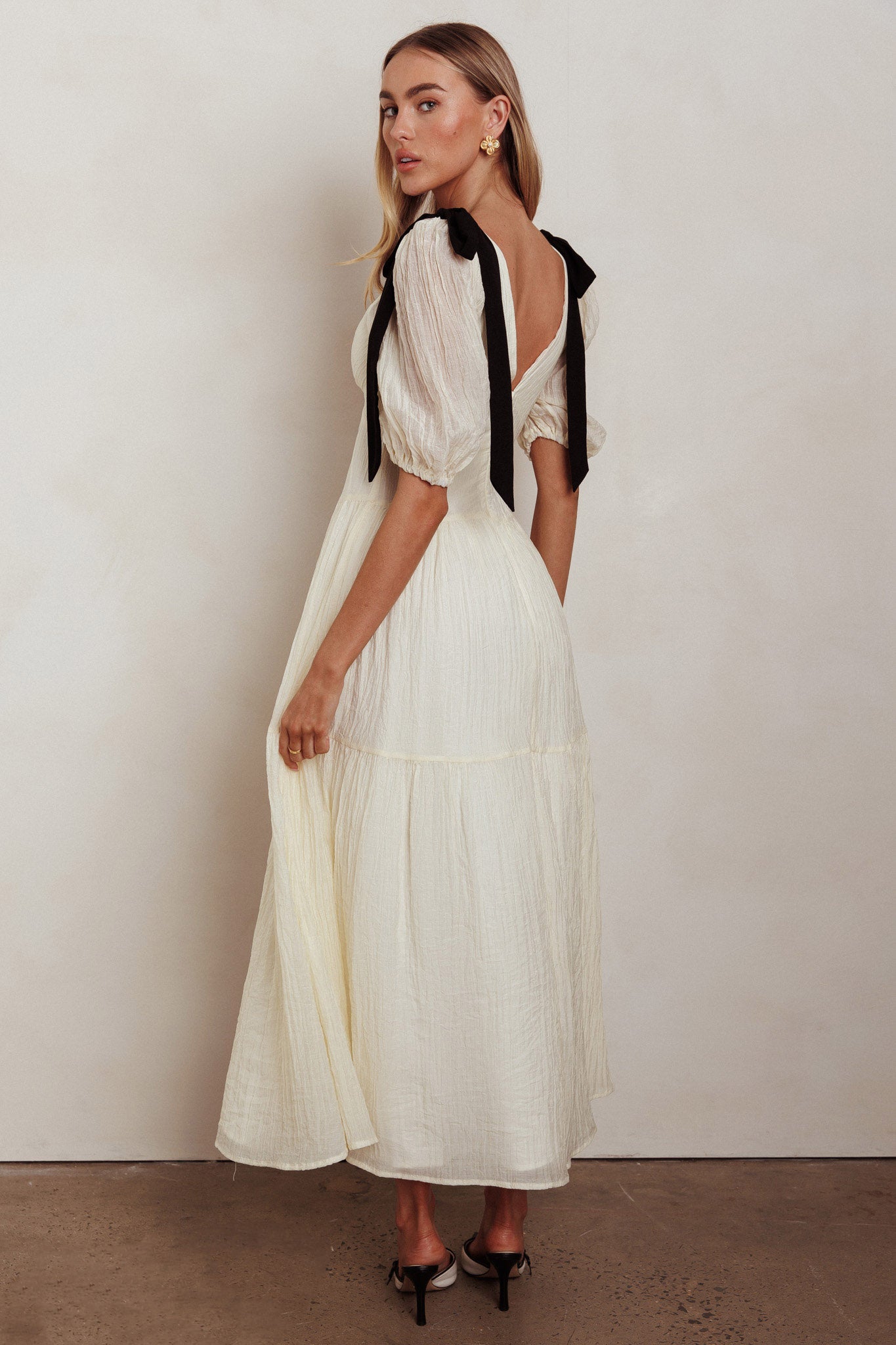 Sinta Bow Shoulder Puff Sleeve Maxi Dress Cream by Selfie Leslie Australia