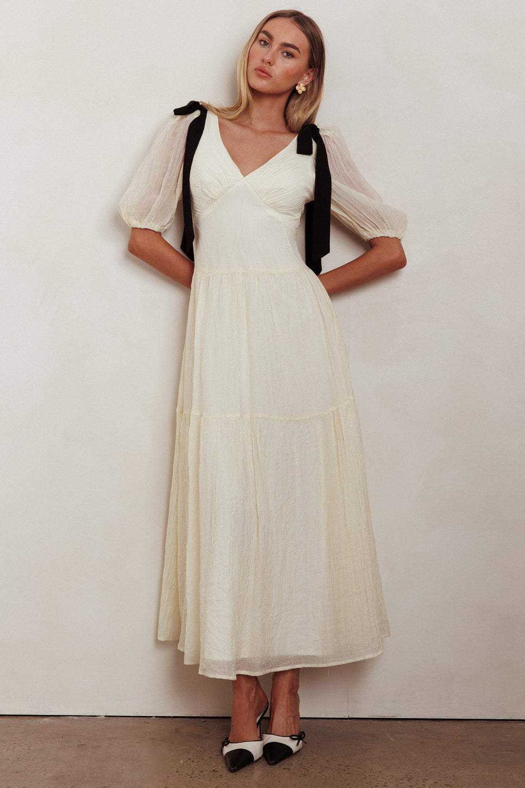 Sinta Bow Shoulder Puff Sleeve Maxi Dress Cream by Selfie Leslie Australia