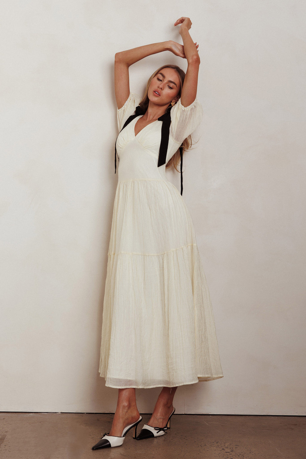 Sinta Bow Shoulder Puff Sleeve Maxi Dress Cream by Selfie Leslie Australia