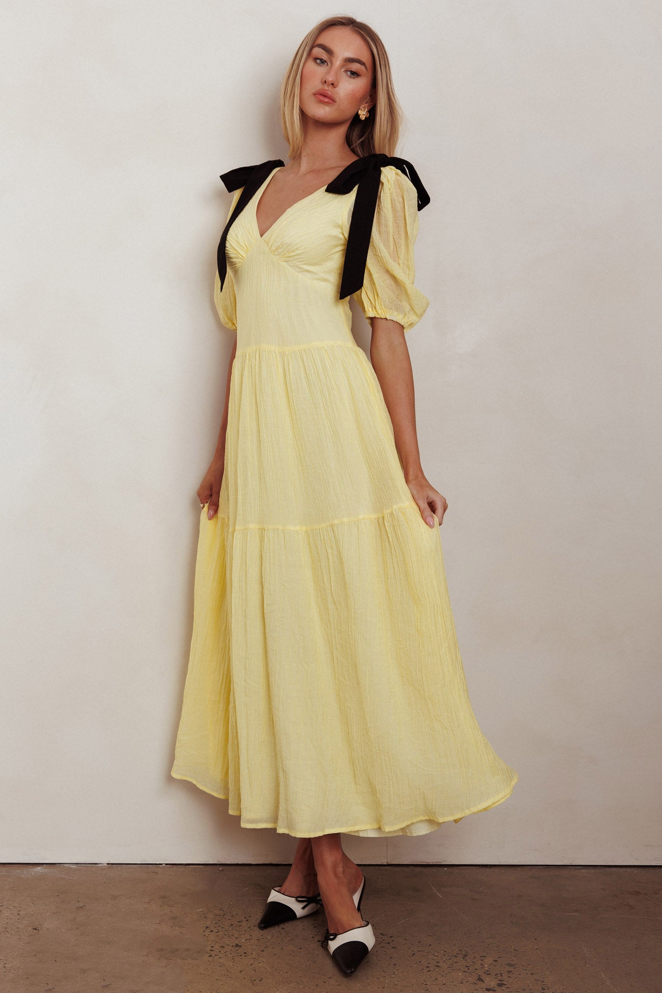 Sinta Bow Shoulder Puff Sleeve Maxi Dress Lemon by Selfie Leslie Australia