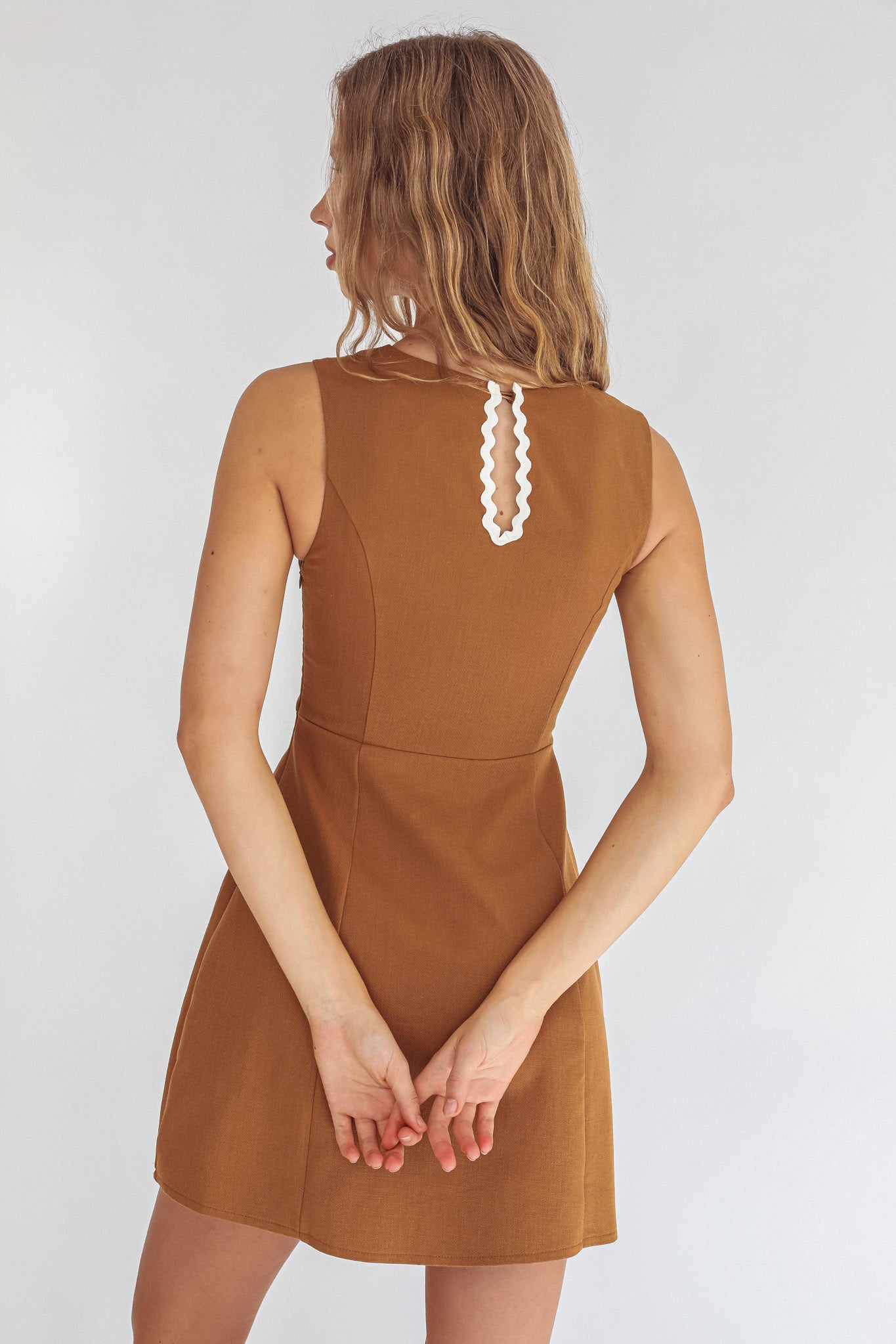 Make You Mine V-Neck Ric-Rac Mini Dress Brown by Selfie Leslie Australia