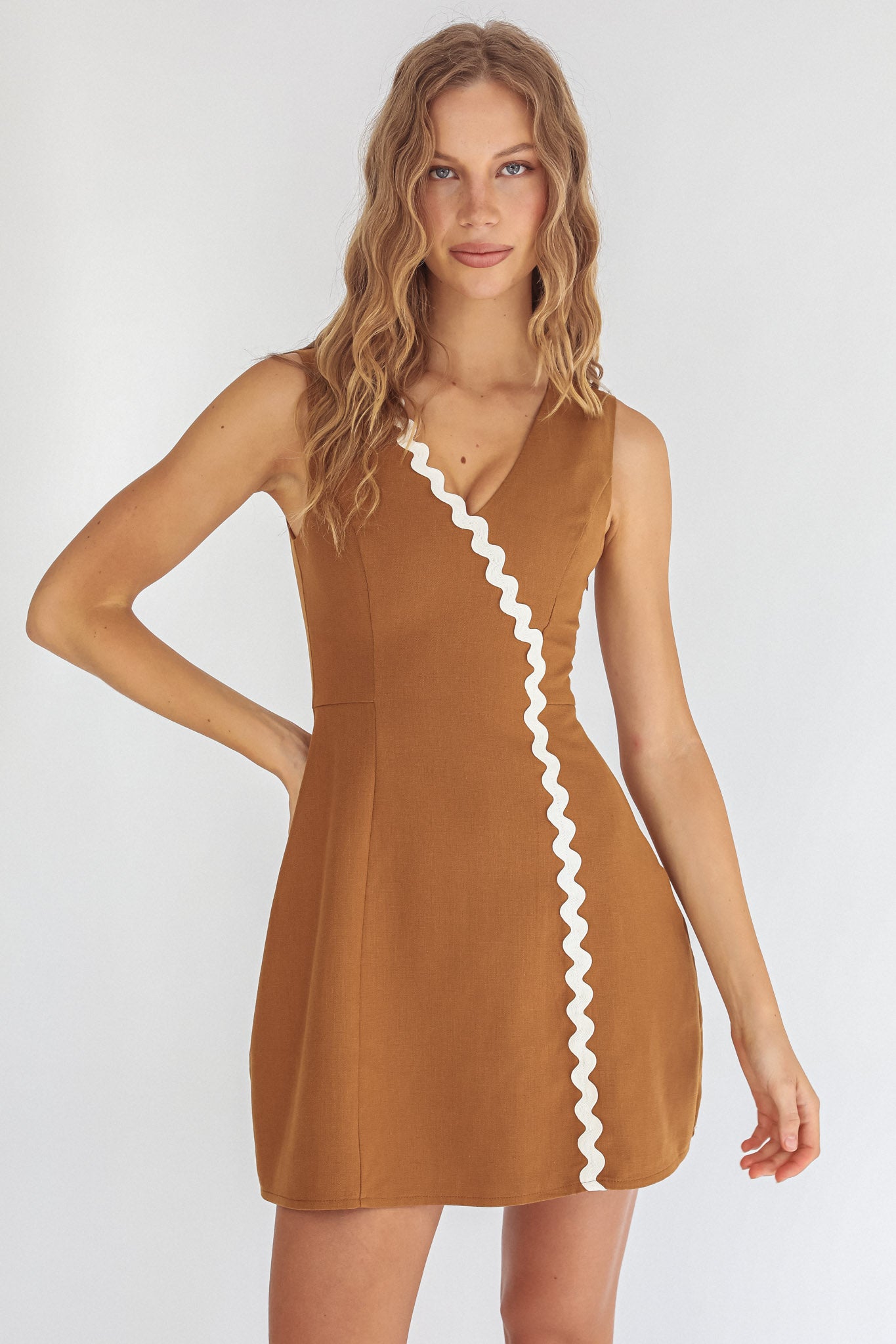 Make You Mine V-Neck Ric-Rac Mini Dress Brown by Selfie Leslie Australia