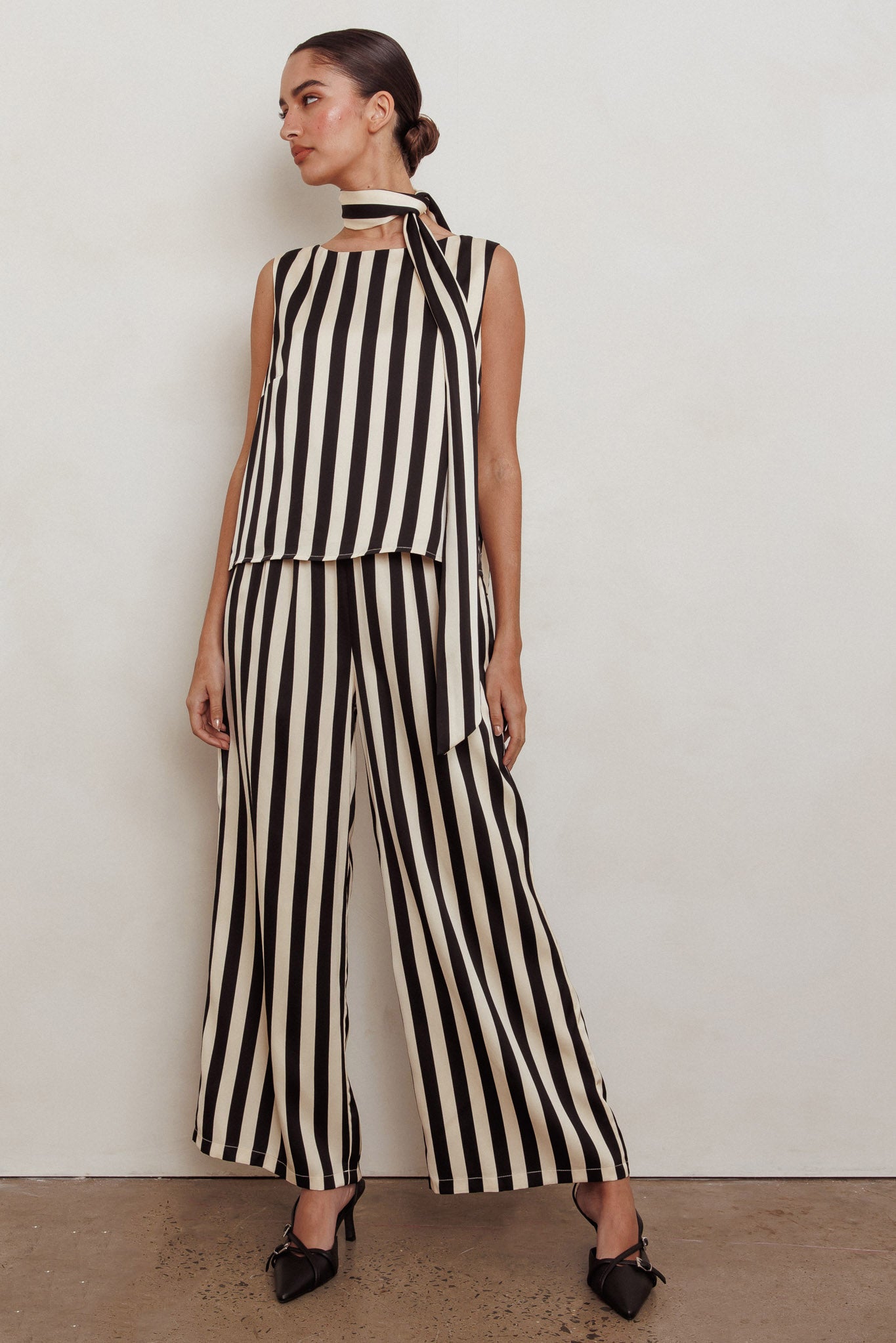 Love Galore Striped Wide Leg Pant Black/Beige by Selfie Leslie Australia