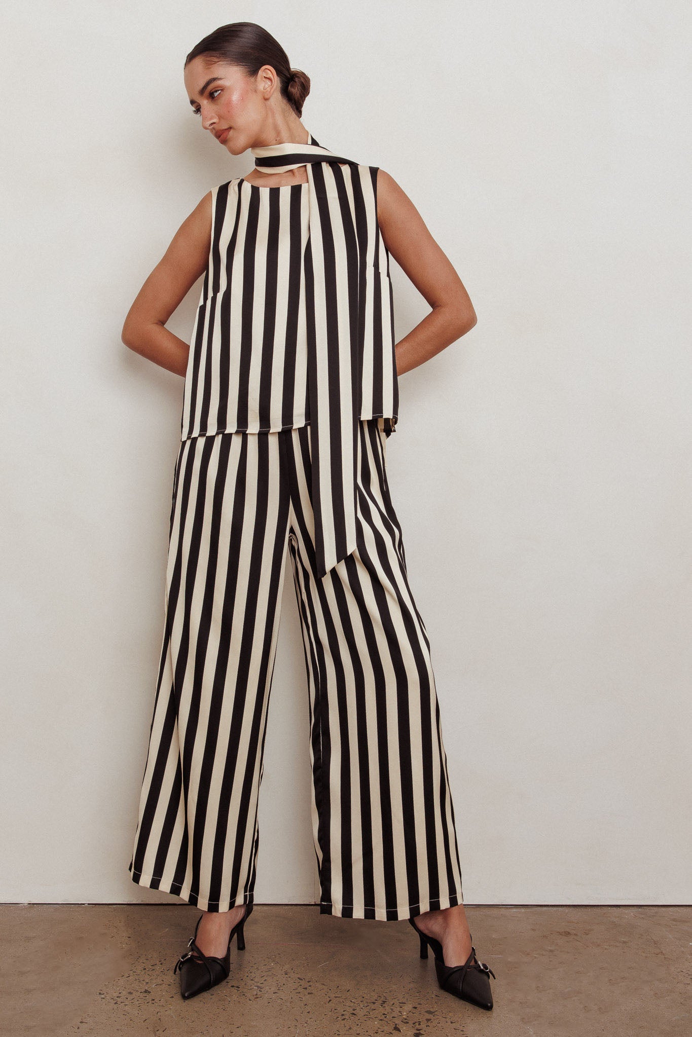 Love Galore Striped Wide Leg Pant Black/Beige by Selfie Leslie Australia