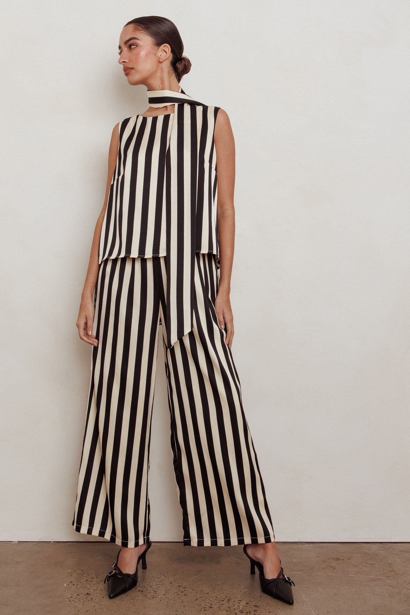Love Galore Striped Wide Leg Pant Black/Beige by Selfie Leslie Australia