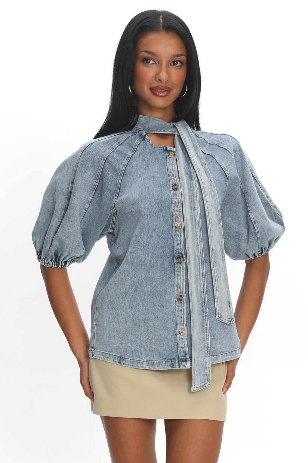 Notice Me Puff Sleeve Neck Bow Top Denim Blue by Selfie Leslie Australia