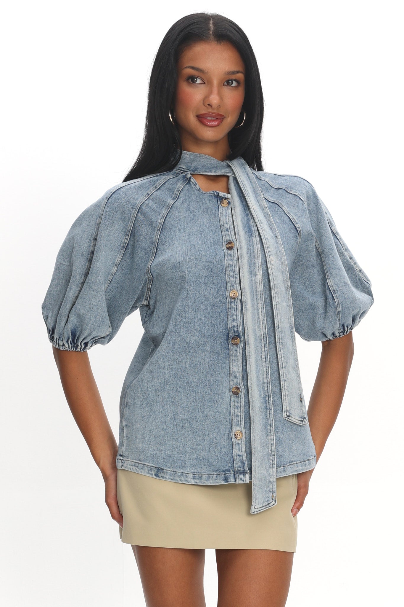 Notice Me Puff Sleeve Neck Bow Top Denim Blue by Selfie Leslie Australia