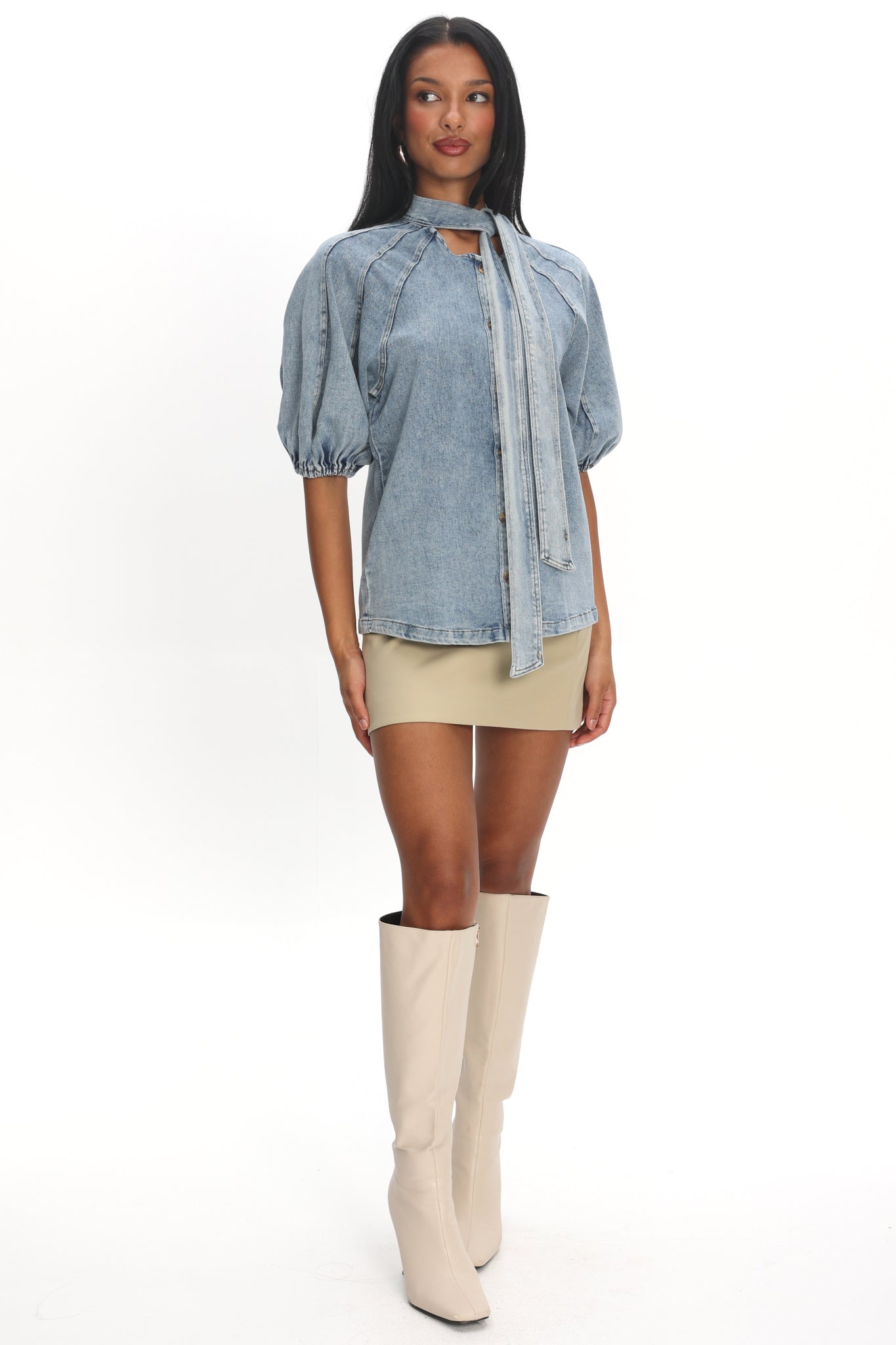 Notice Me Puff Sleeve Neck Bow Top Denim Blue by Selfie Leslie Australia