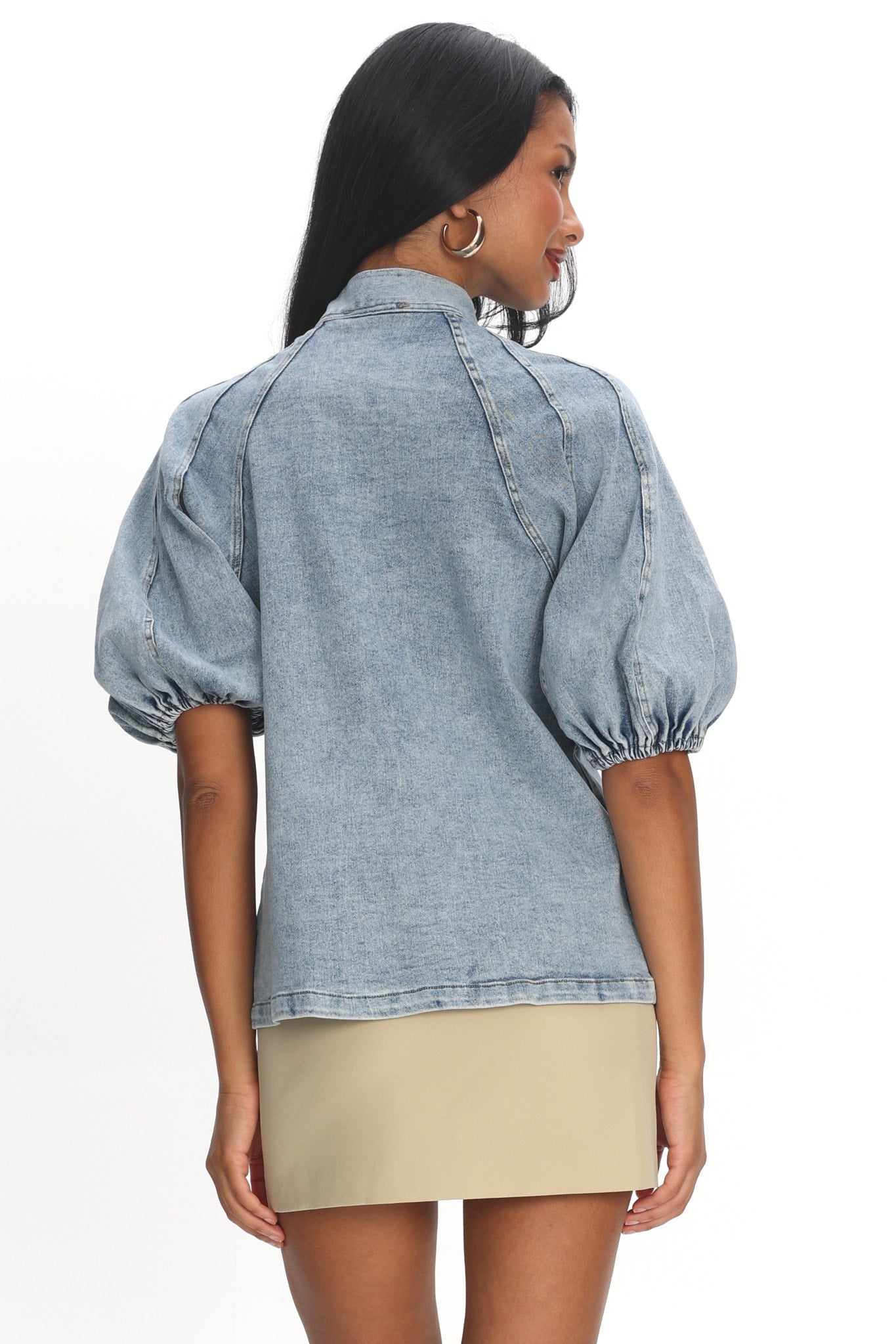 Notice Me Puff Sleeve Neck Bow Top Denim Blue by Selfie Leslie Australia