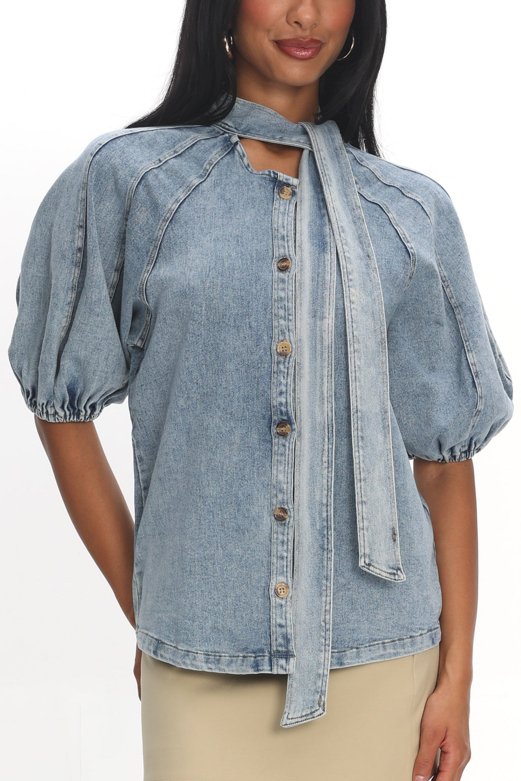 Notice Me Puff Sleeve Neck Bow Top Denim Blue by Selfie Leslie Australia