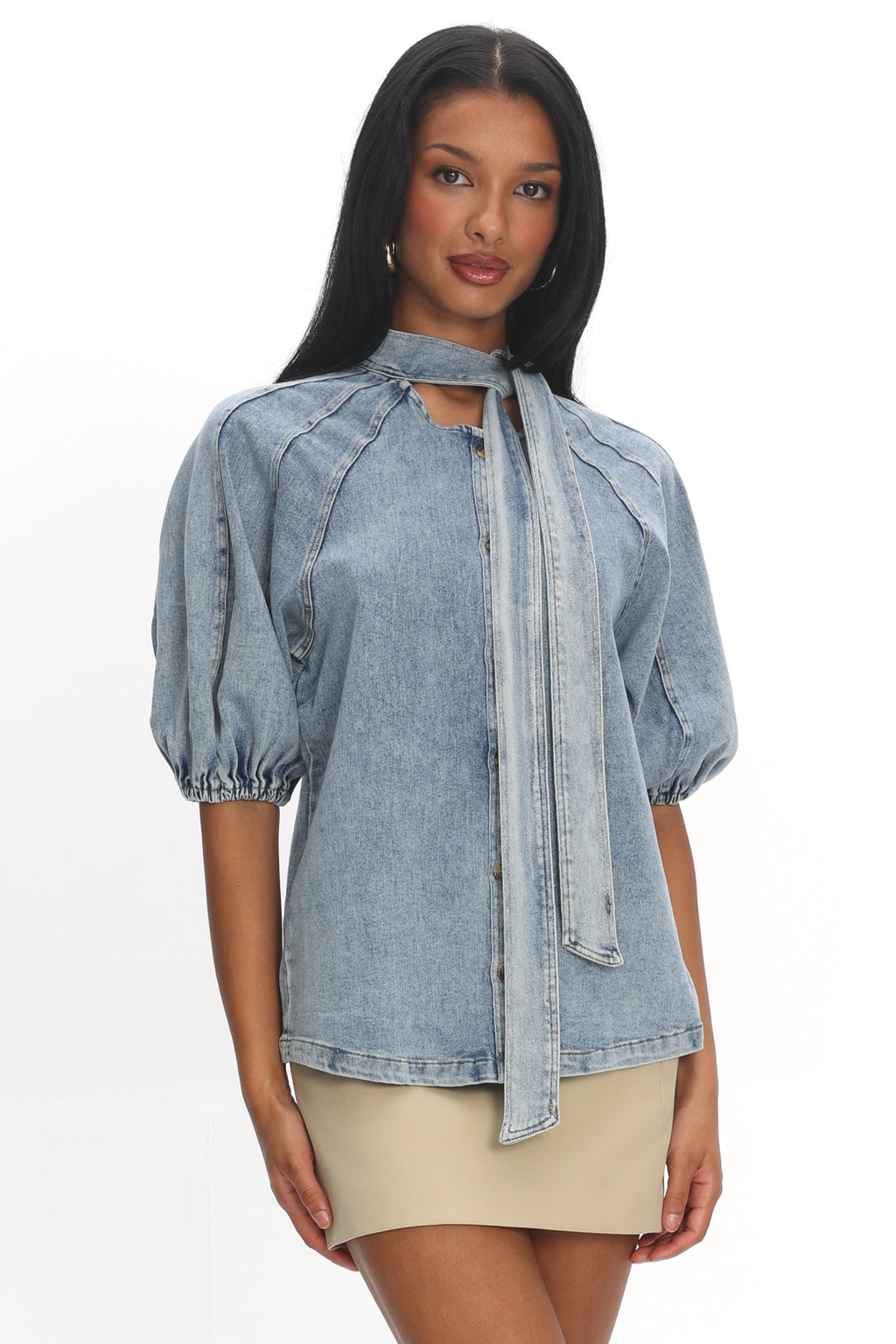 Notice Me Puff Sleeve Neck Bow Top Denim Blue by Selfie Leslie Australia