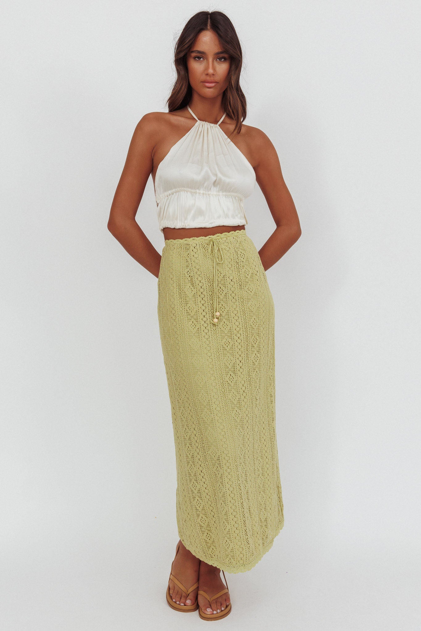 Days Away Crochet Lace Maxi Skirt Moss by Selfie Leslie Australia